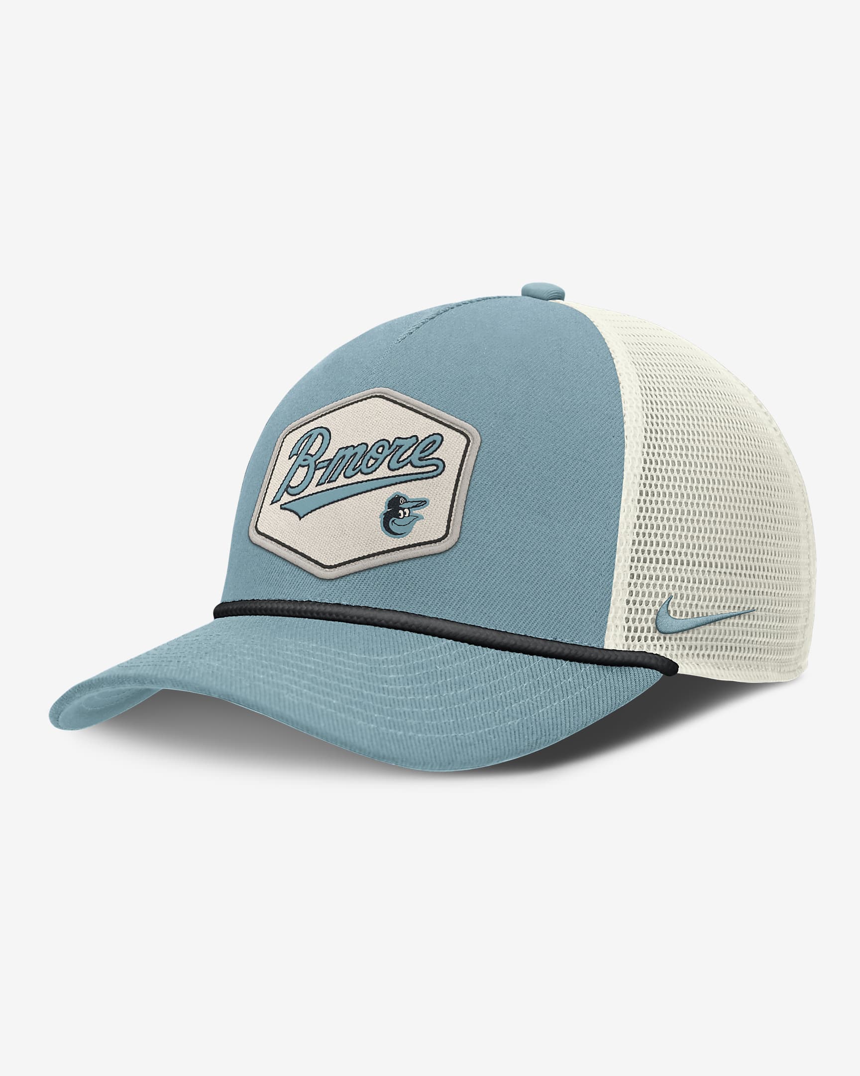 Baltimore Orioles Rise Tech Men's Nike Dri-FIT MLB Trucker Adjustable Hat - Denim Turquoise