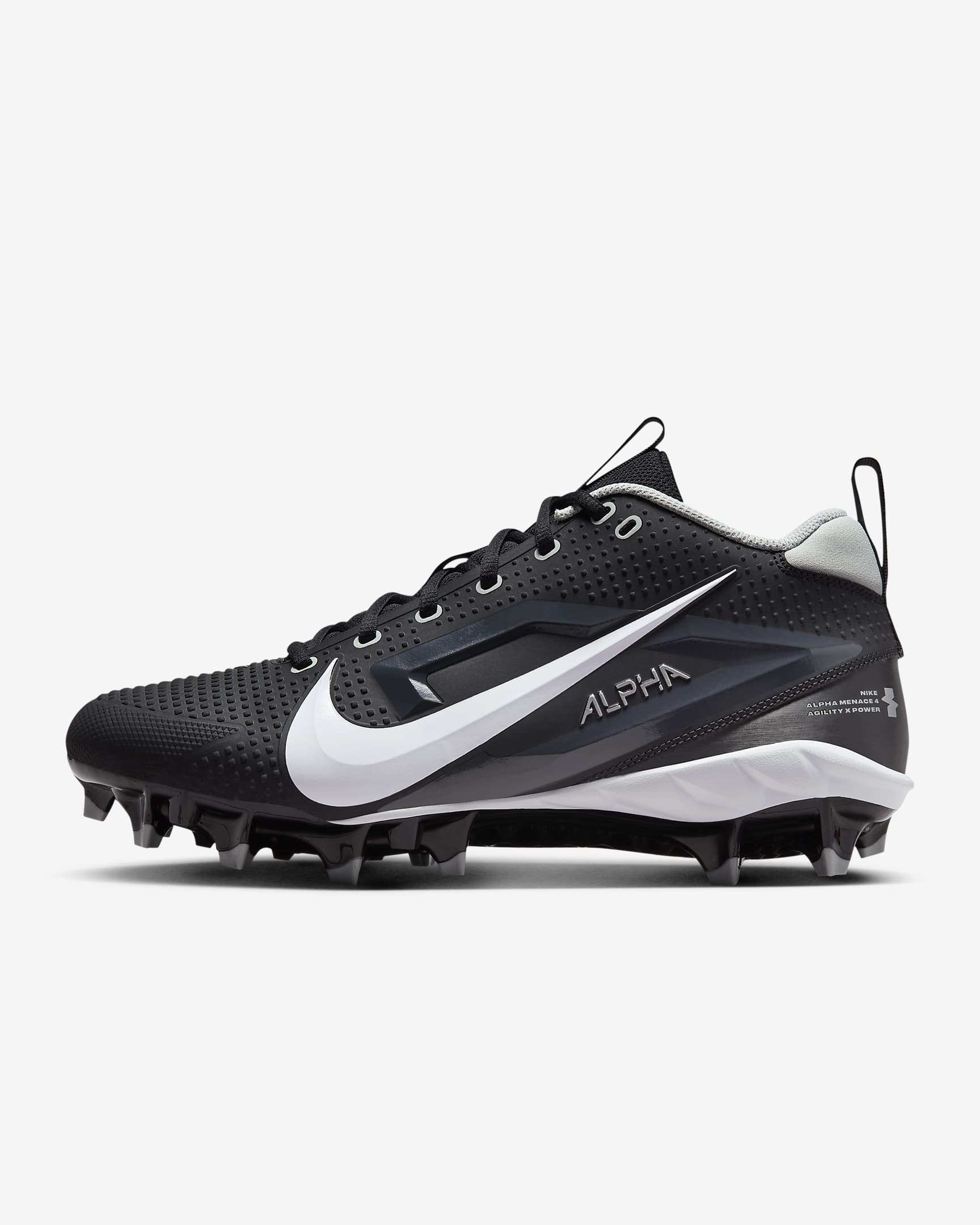 Nike Alpha Menace 4 Varsity Football Cleats - Black/Light Smoke Grey/Metallic Silver/White