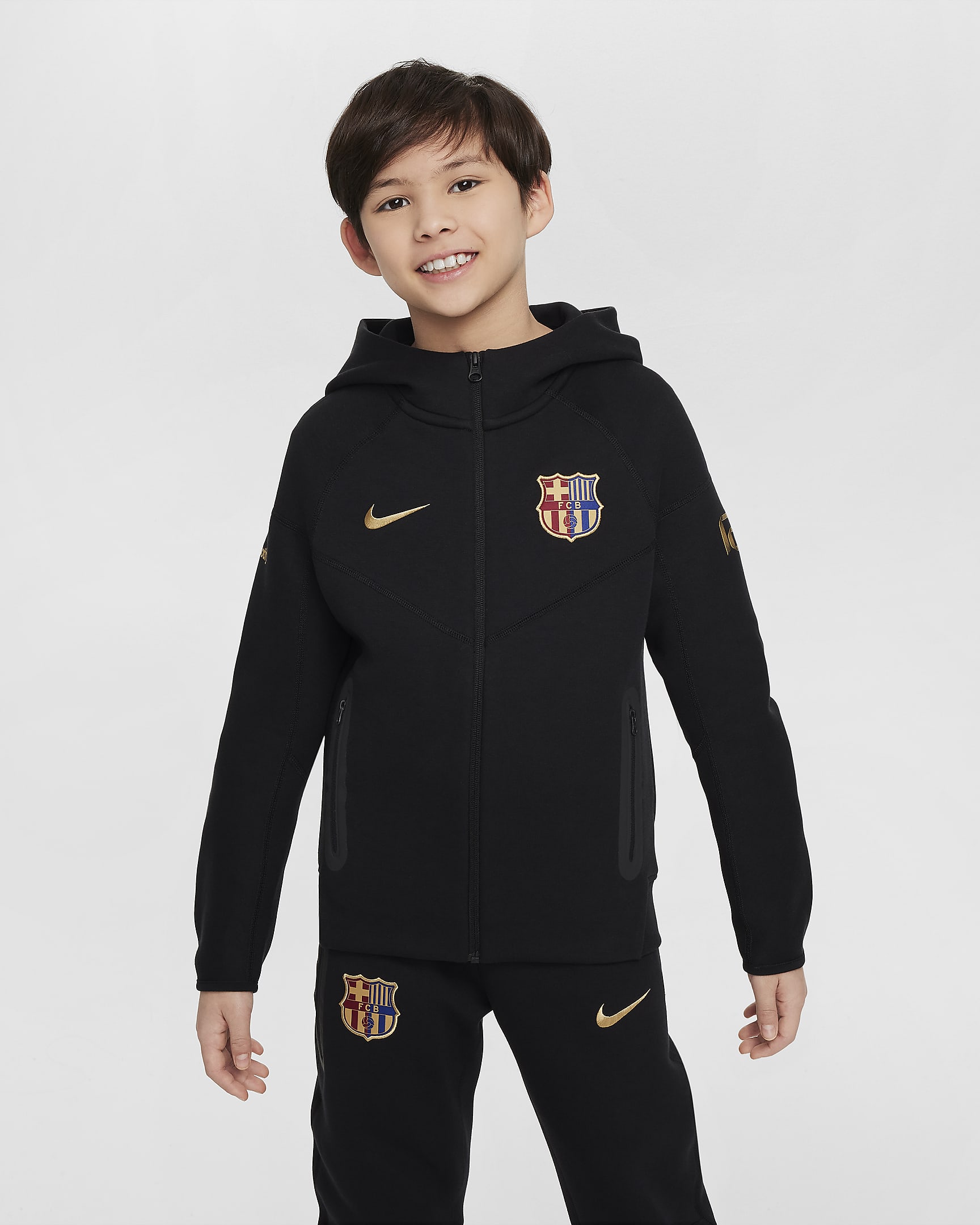 F.C. Barcelona Tech Fleece Older Kids' (Boys') Nike Football Full-Zip Hoodie - Black/Club Gold