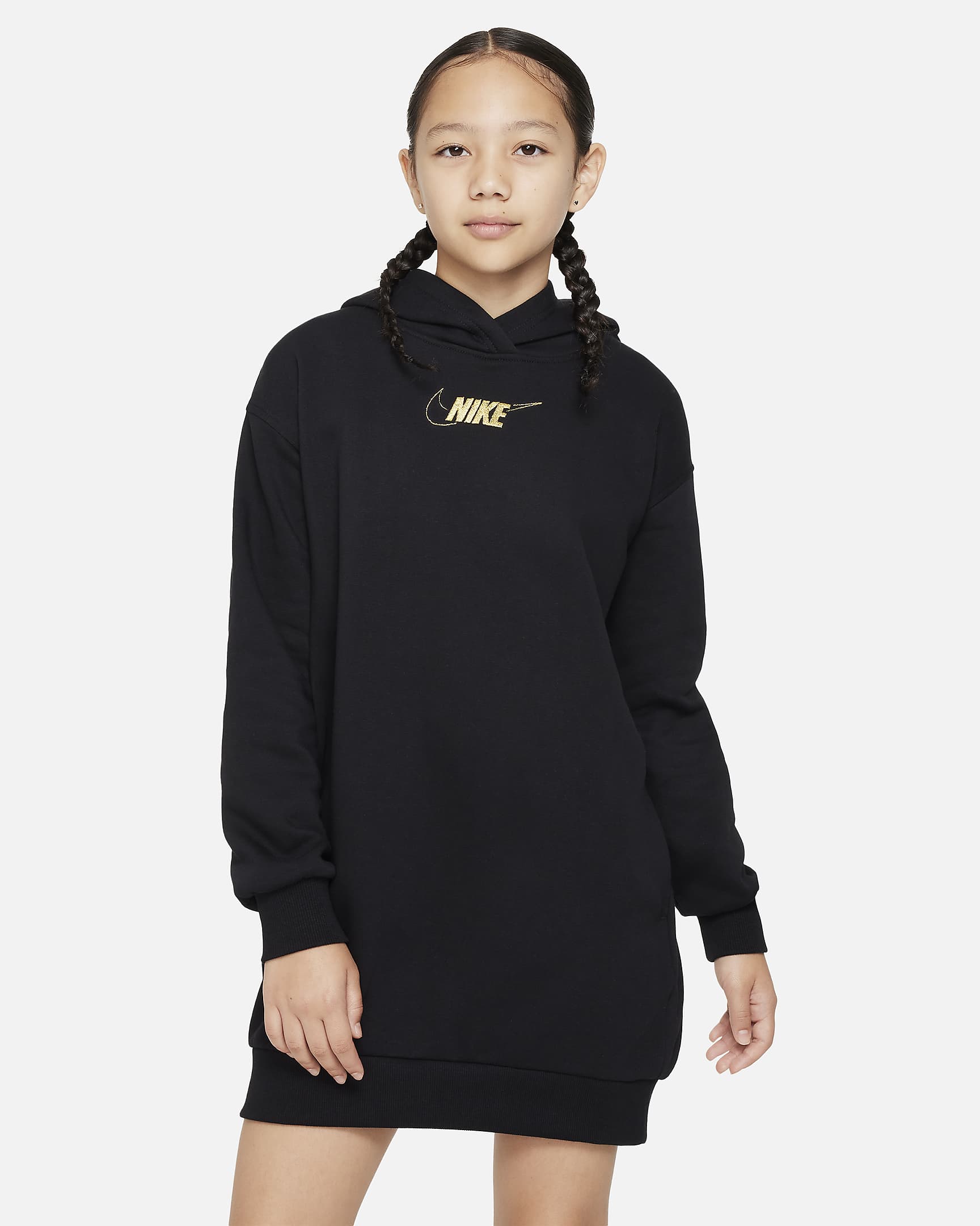 Nike Sportswear Club Fleece Big Kids' (Girls') Hoodie Dress - Black/Metallic Gold