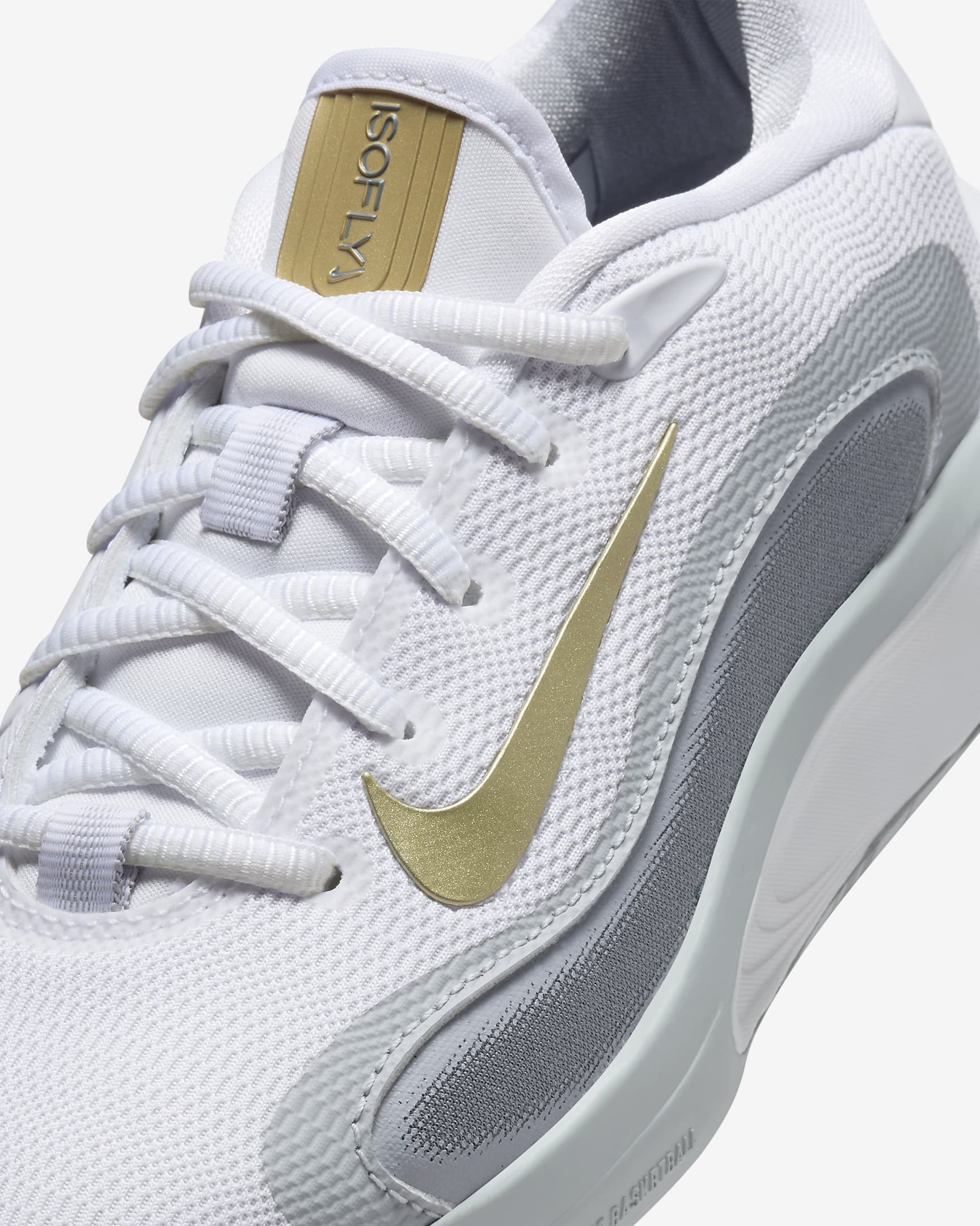 Tenis de básquetbol para niños grandes Nike IsoFly - Blanco/Gris azulado/Gris lobo/Estrella de oro metálico