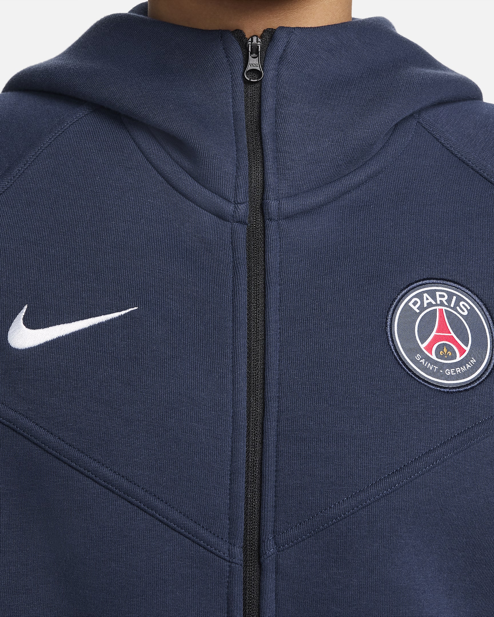 Fotbollshuvtröja Nike Paris Saint-Germain Tech Fleece Windrunner med hel dragkedja för kvinnor - Midnight Navy/Vit