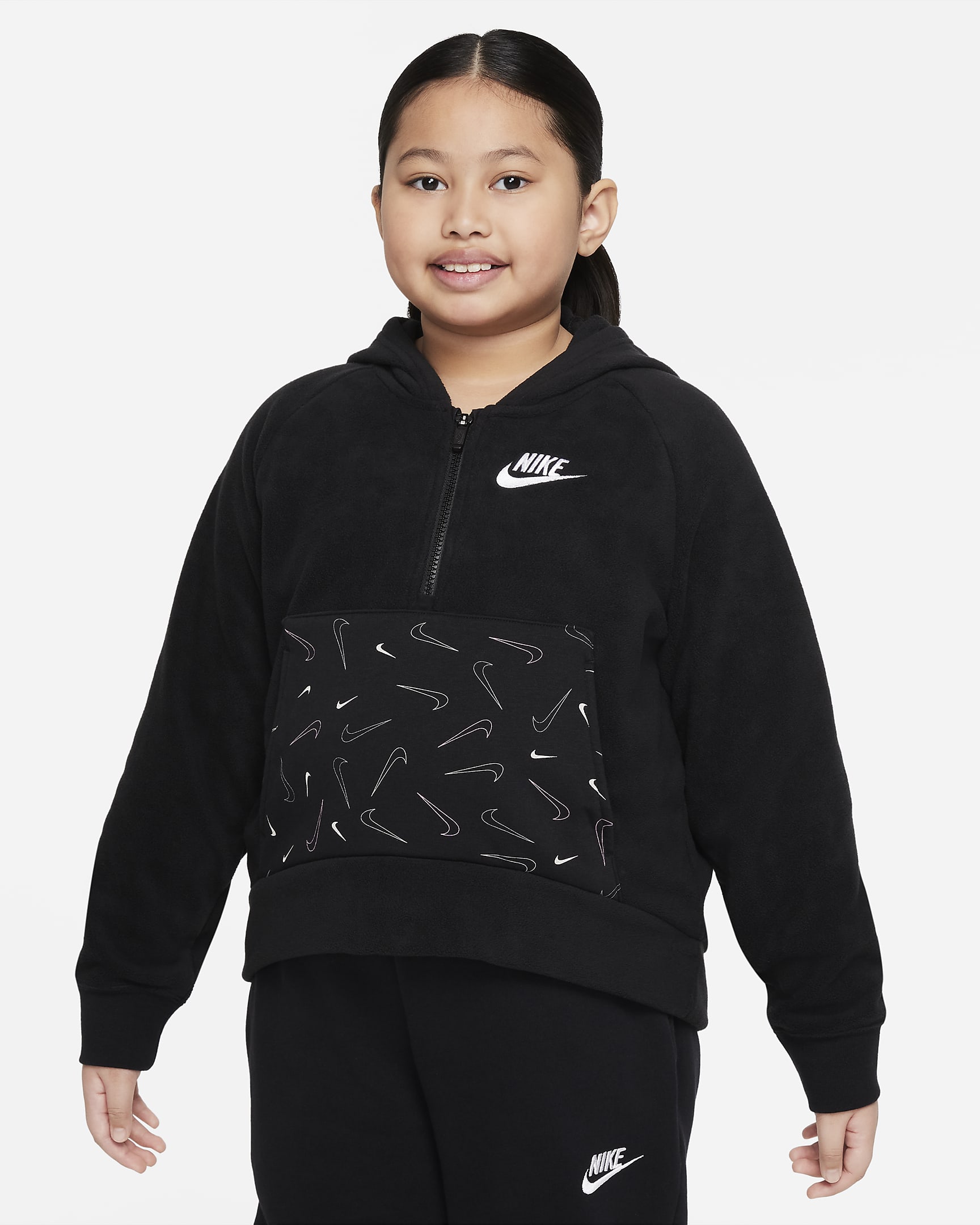 Sudadera con gorro de medio cierre acondicionada para el invierno para niña talla grande Nike Sportswear Club Fleece (talla extendida) - Negro/Blanco