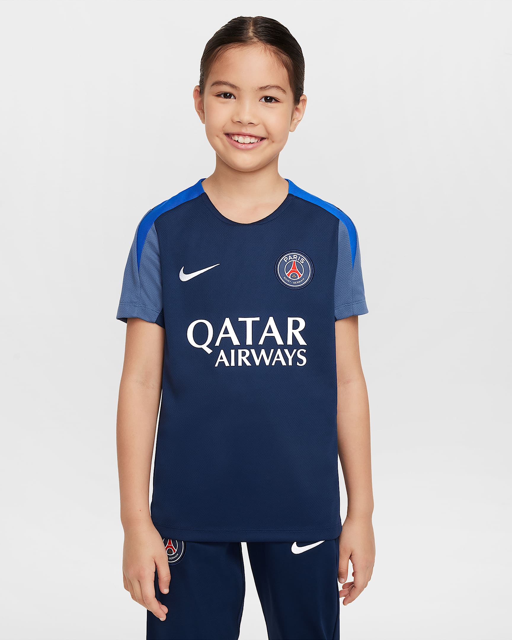 Maglia da calcio a manica corta Nike Dri-FIT Paris Saint-Germain Strike – Ragazzo/a - Midnight Navy/Diffused Blue/Hyper Royal/Bianco