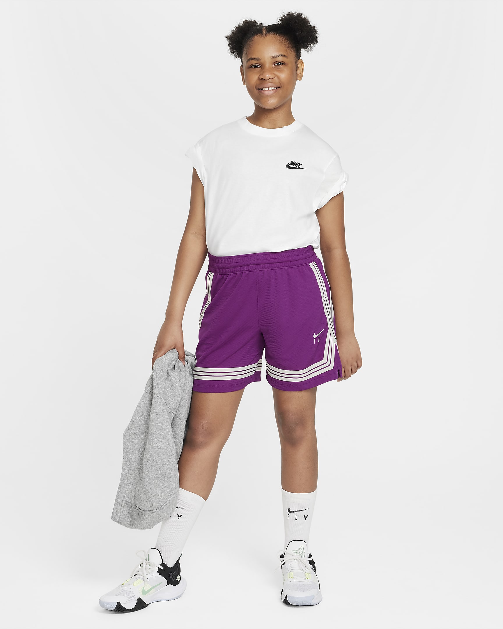 Nike Dri-FIT Fly Crossover Big Kids' (Girls') Basketball Shorts (Extended Size) - Viotech/Light Bone/Light Bone