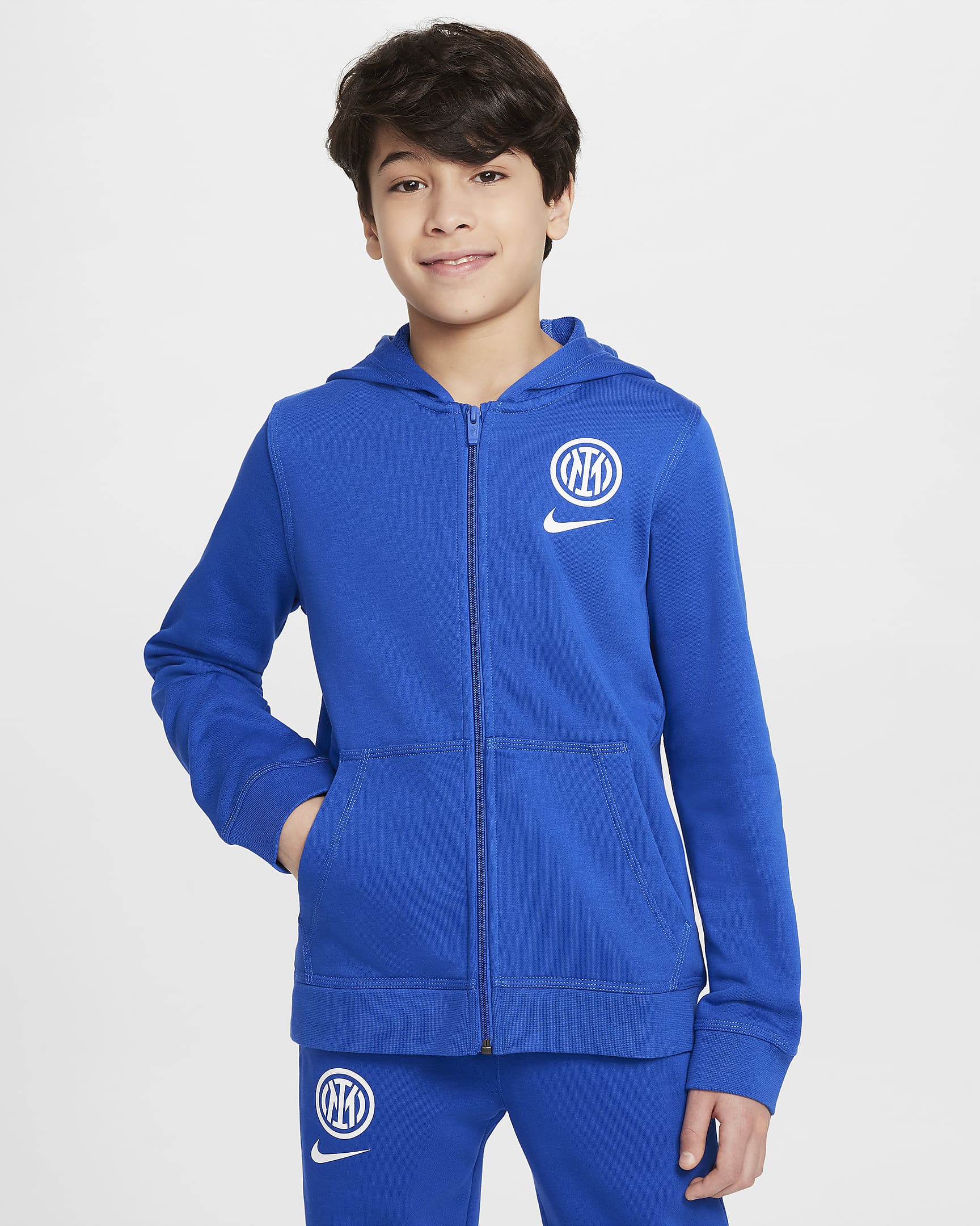 Inter Mailand Club Home Nike Fußball-Hoodie aus French Terry mit durchgehendem Reißverschluss (ältere Kinder, Jungen) - Lyon Blue/Weiß