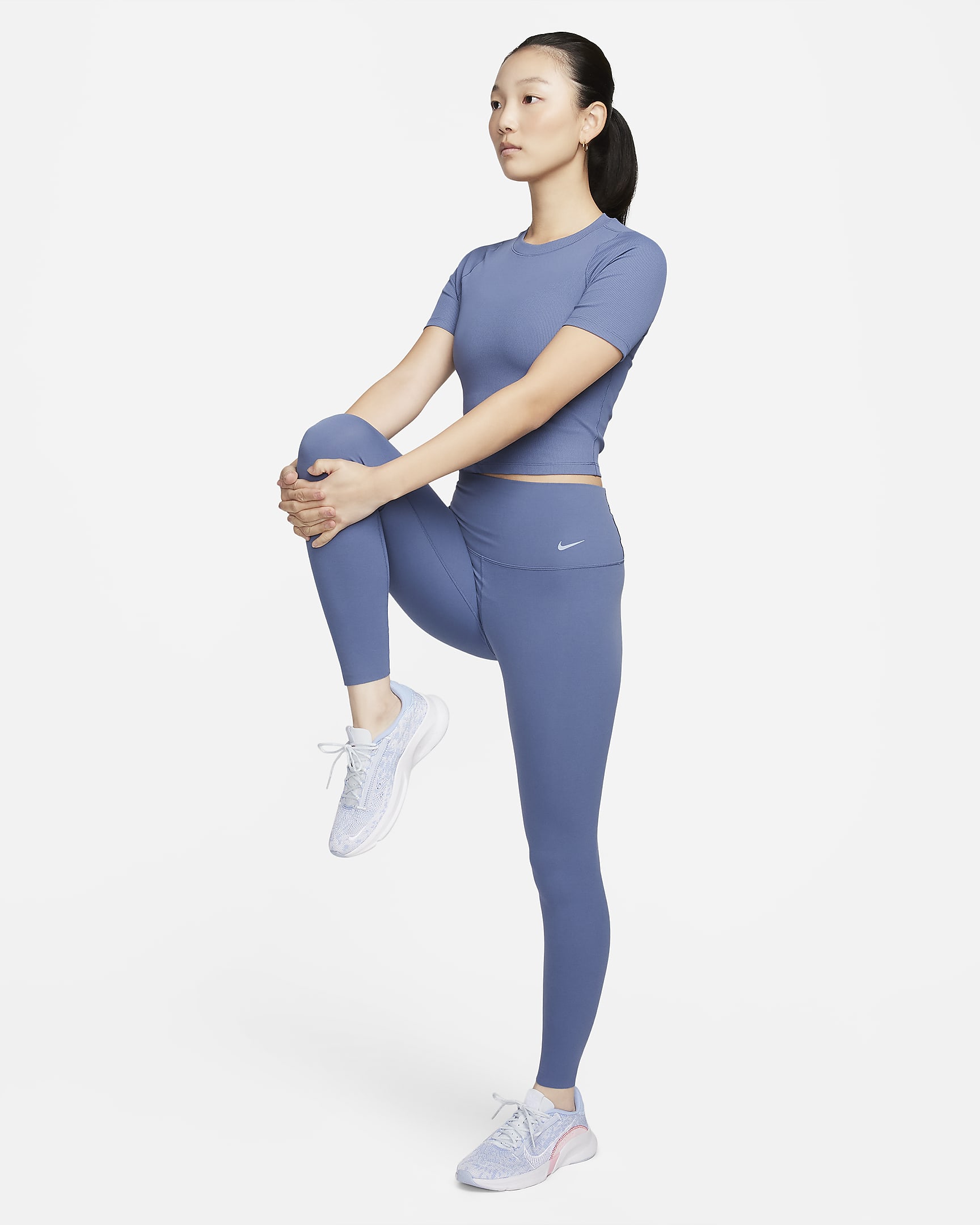 Nike Zenvy 羅紋女款 Dri-FIT 短袖短版上衣 - Diffused Blue/白色