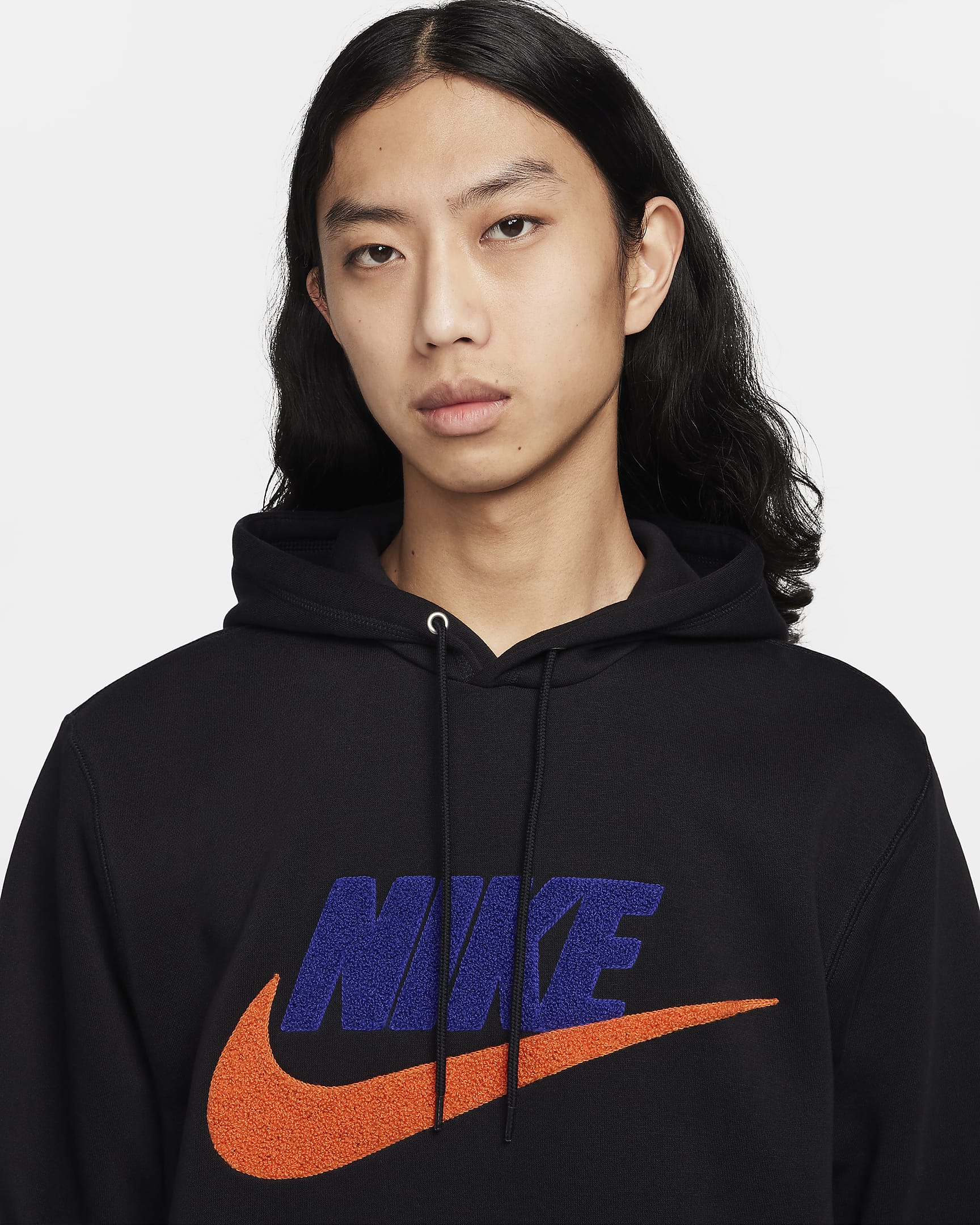 เสื้อมีฮู้ดผู้ชายแบบสวม Nike Club Fleece - ดำ/ดำ/Safety Orange