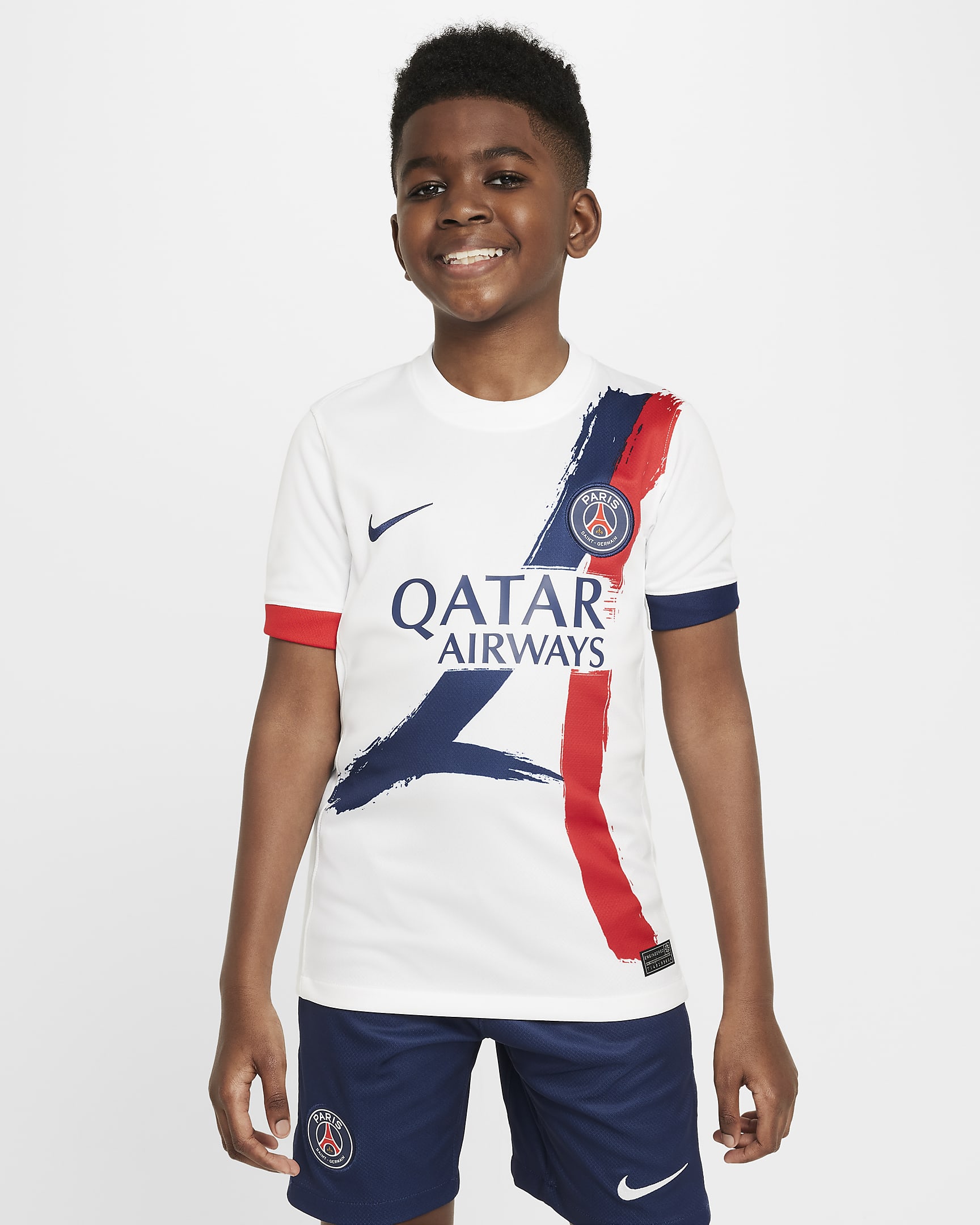 Paris Saint-Germain 2024/25 Stadium Away Nike Replika-Fußballtrikot mit Dri-FIT-Technologie (ältere Kinder) - Weiß/Midnight Navy/University Red/Midnight Navy