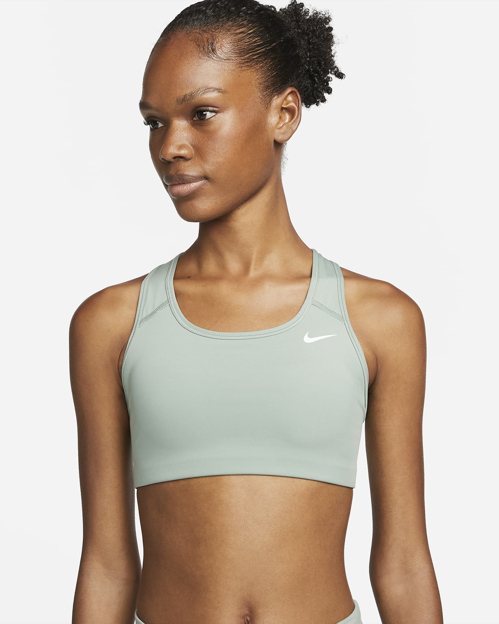 Bra deportivo de media sujeción sin almohadilla para mujer Nike Swoosh - Humo jade/Blanco