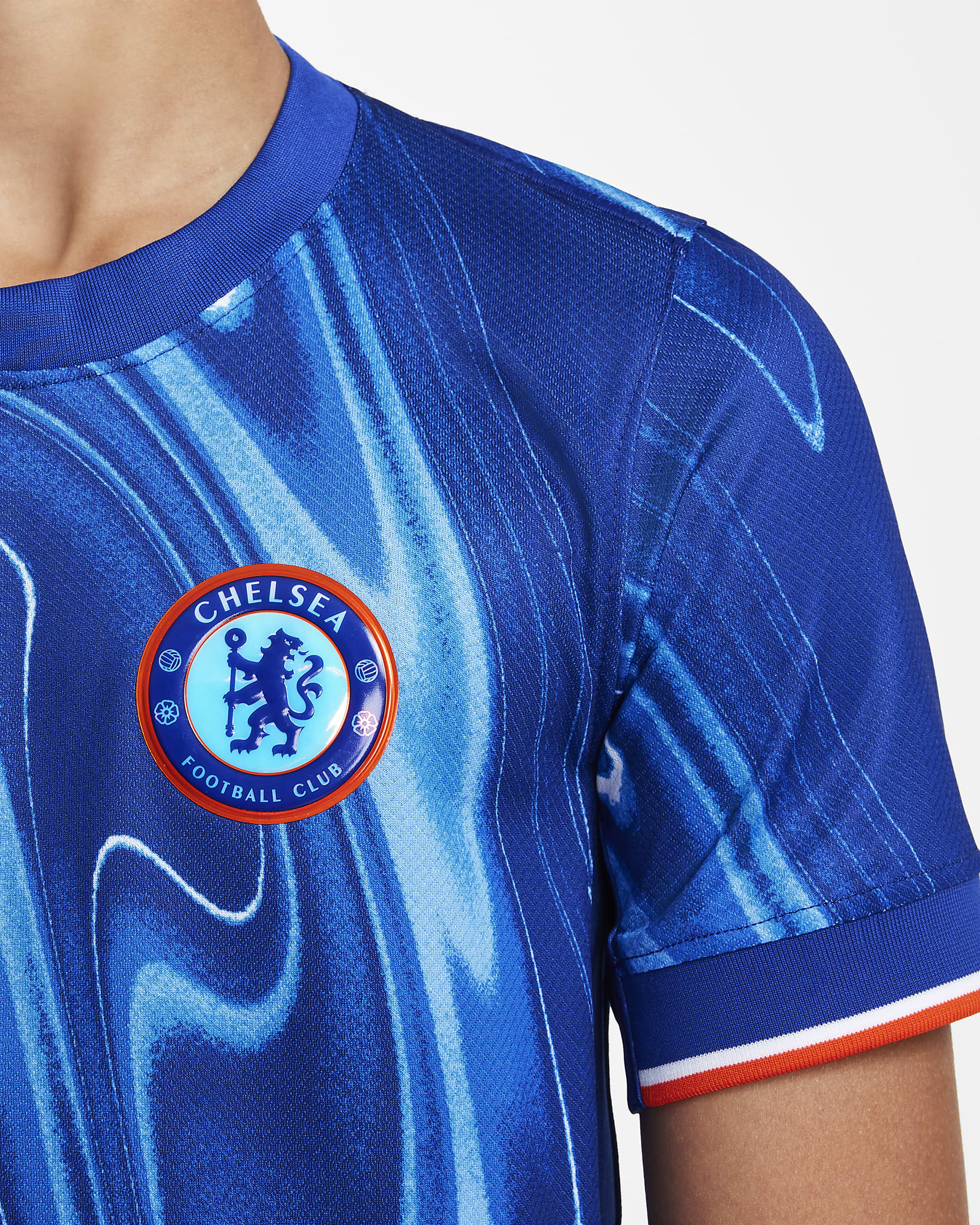 Maglia da calcio replica Nike Dri-FIT Chelsea FC 2024/25 Stadium per ragazzo/a – Home - Rush Blue/Team Orange/Bianco