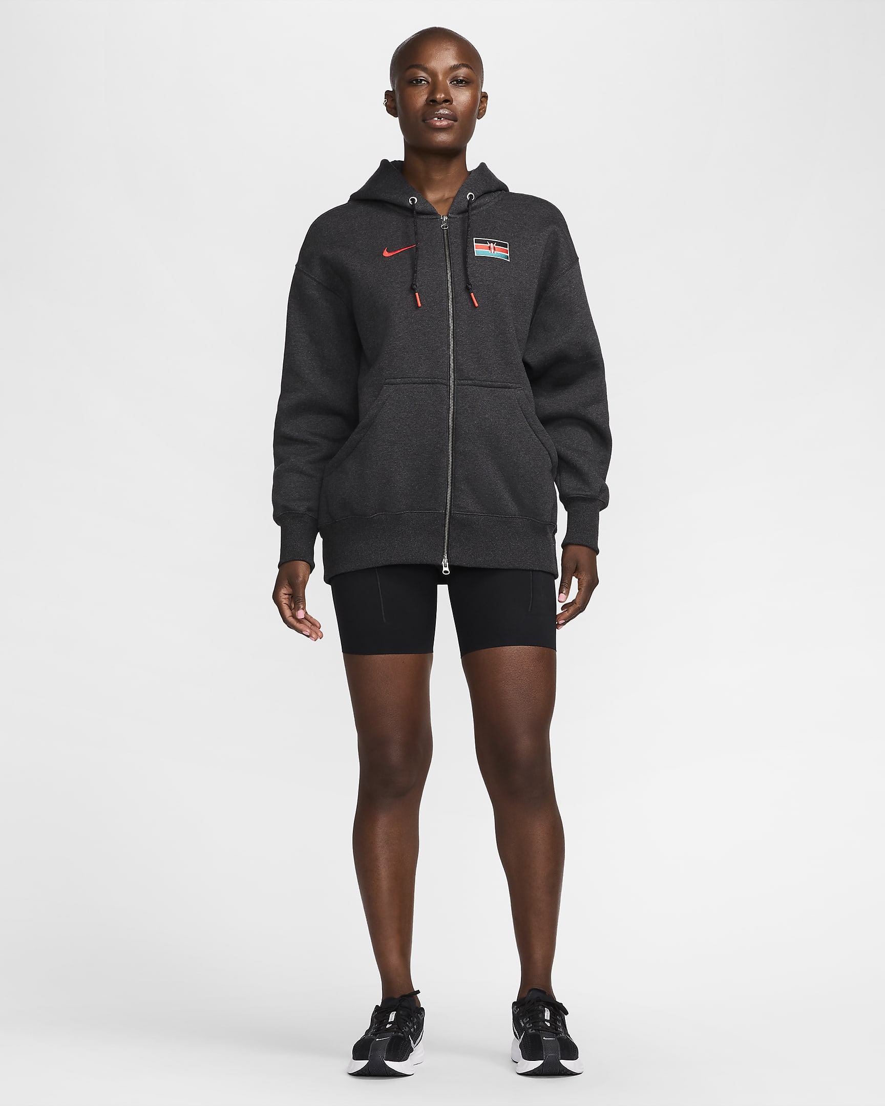 Team Kenia Phoenix Fleece Nike oversized fleecehoodie met rits over de hele lengte voor dames - Black Heather/Key Lime/Zwart/Chile Red