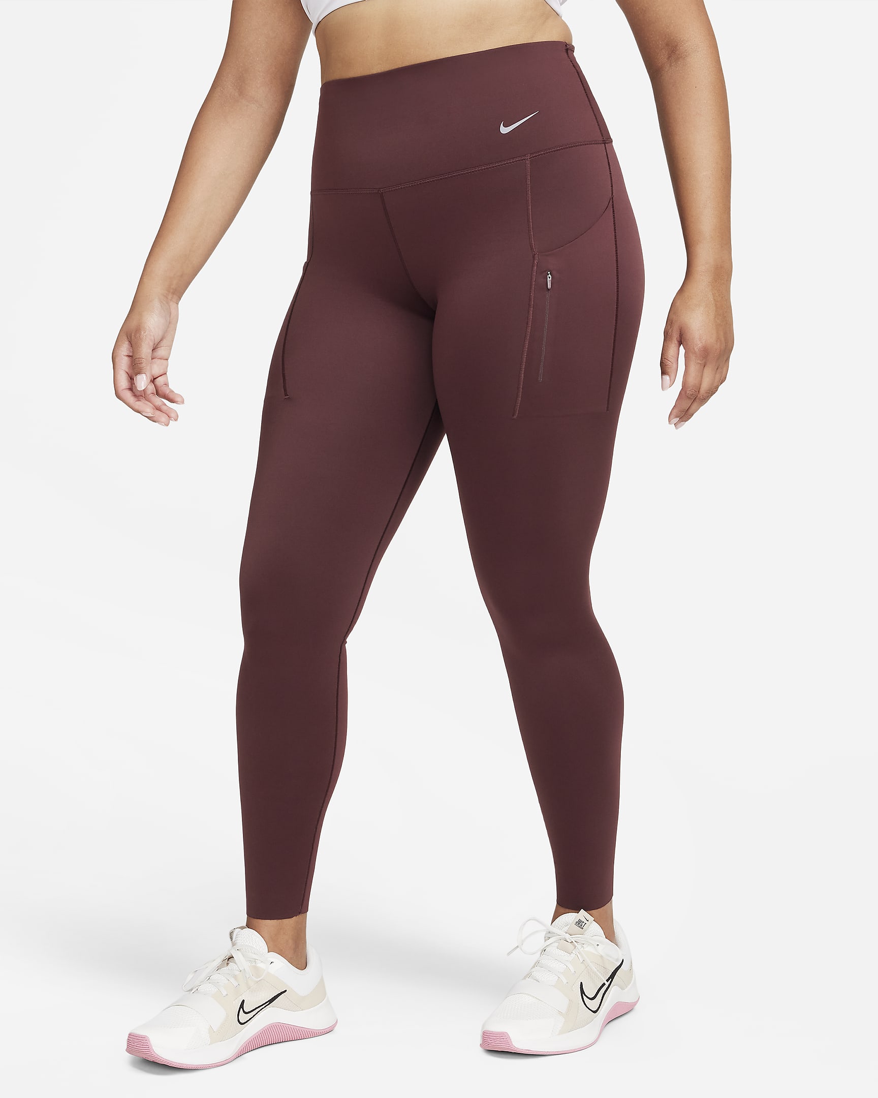 Leggings a todo o comprimento de cintura subida e suporte firme com bolsos Nike Go para mulher - Borgonha Crush/Preto