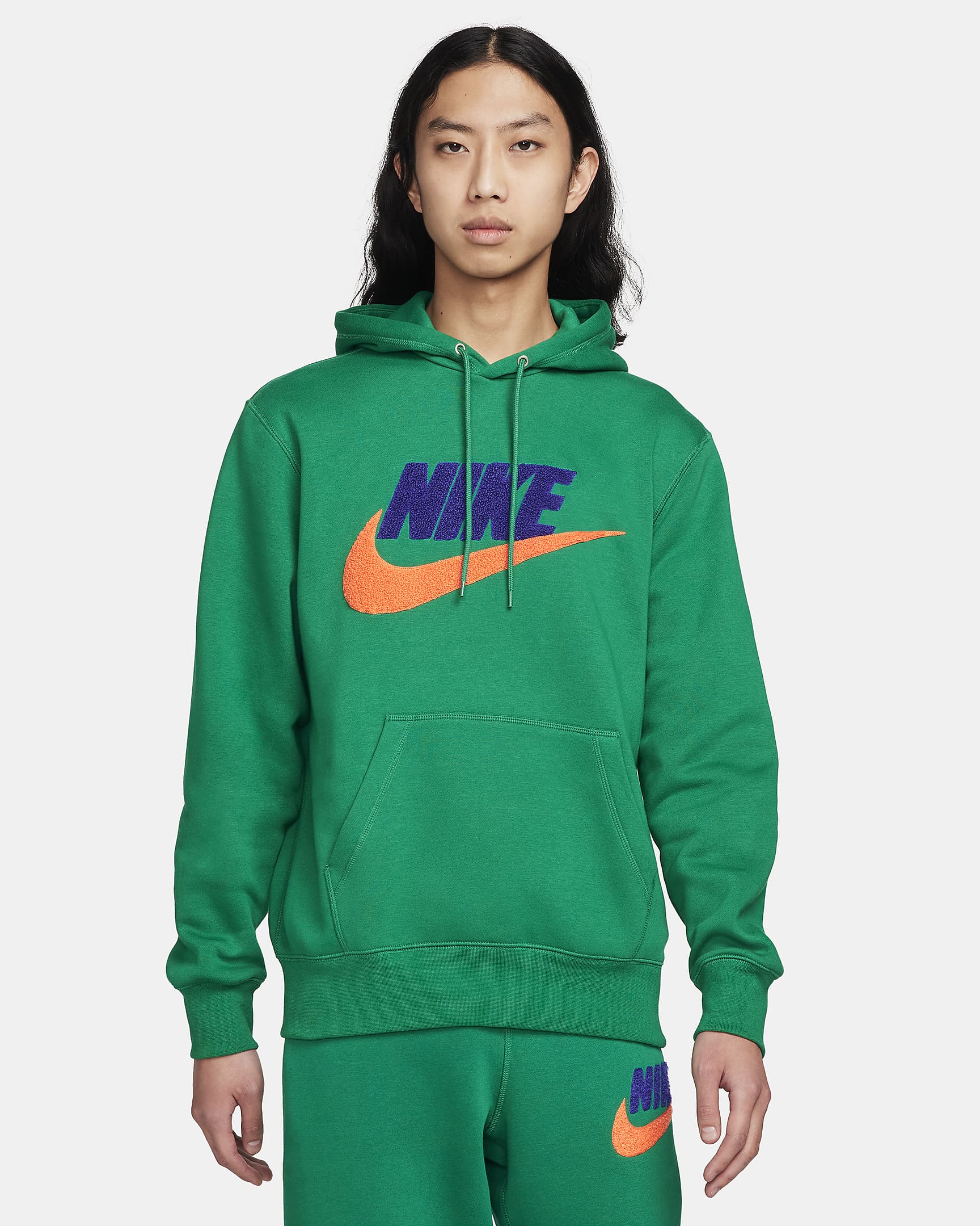 Nike Club Fleece Men's Pullover Hoodie - Malachite/Malachite/Safety Orange