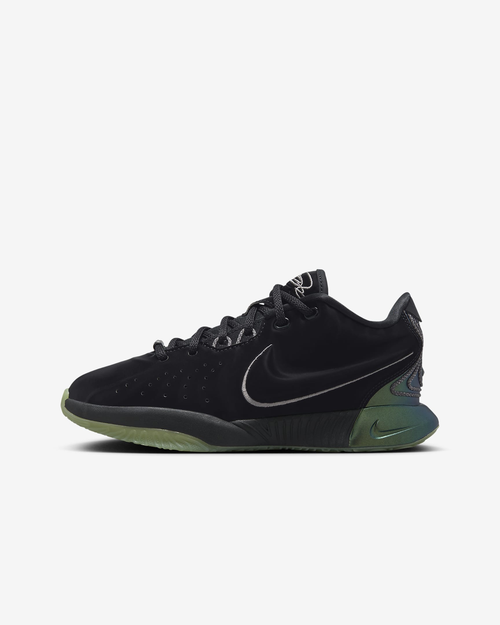 Tenis de básquetbol para niños grandes LeBron XXI "Tahitian" - Negro/Gris hierro/Verde aceite/Peltre metalizado