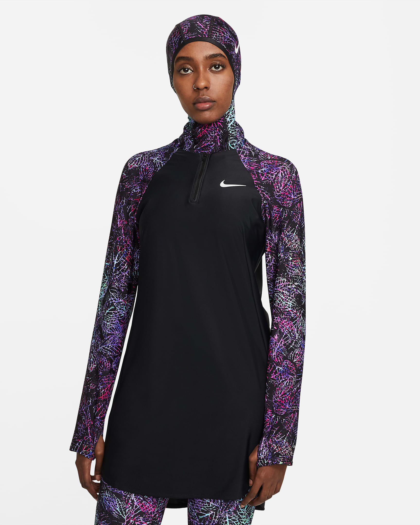 Túnica de natação com cobertura total Nike Victory para mulher - Preto/Aquamarine/Fireberry/Branco