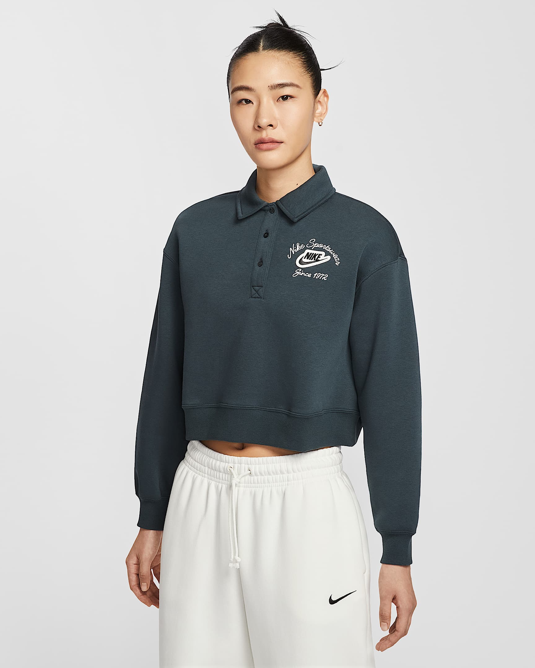 나이키 스포츠웨어 피닉스 플리스 여성 루즈 핏 풀오버 카라 탑 - 씨위드