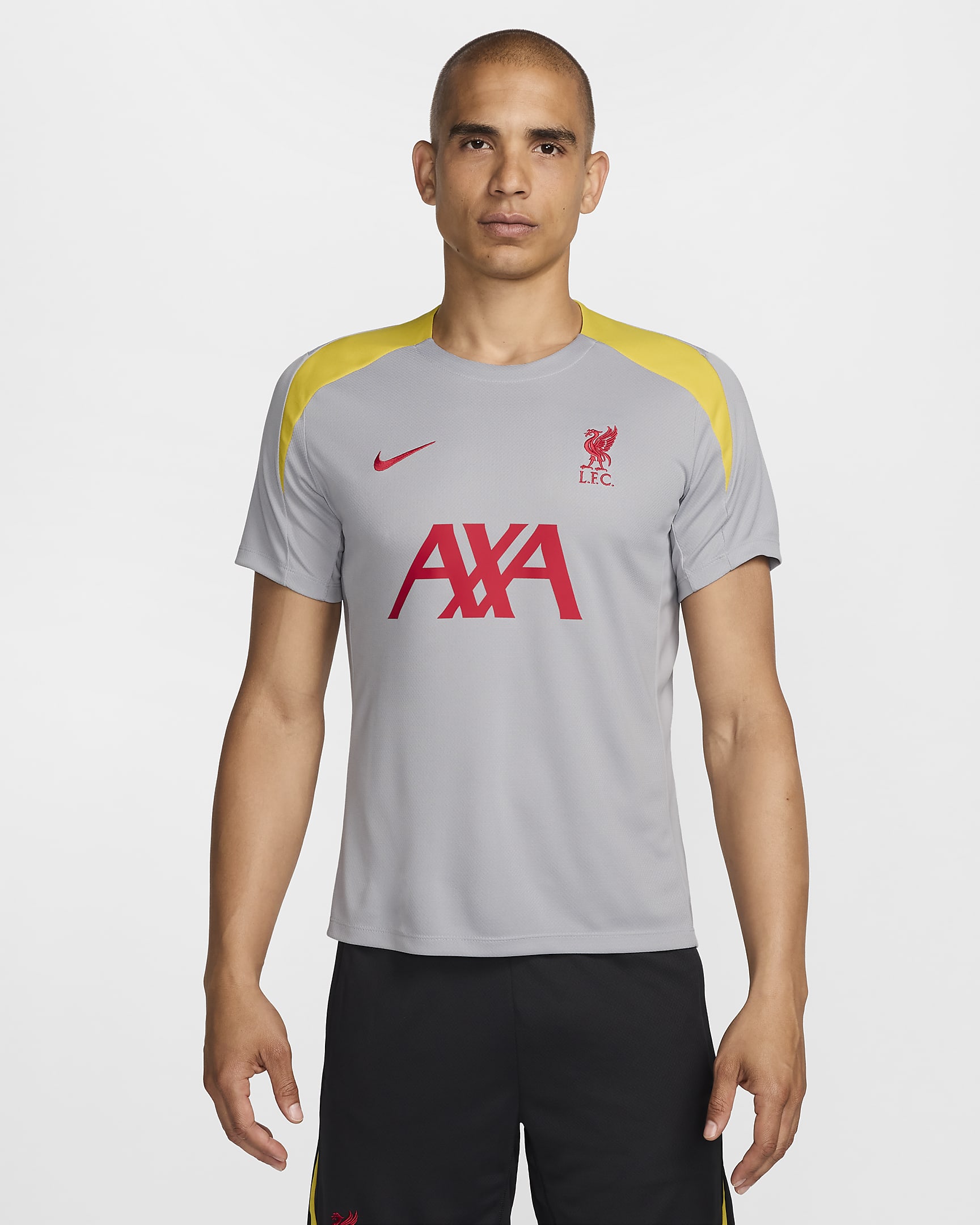 Męska dzianinowa koszulka piłkarska z krótkim rękawem Nike Dri-FIT Liverpool F.C. Strike (wersja trzecia) - Light Smoke Grey/Light Smoke Grey/Chrome Yellow/Global Red