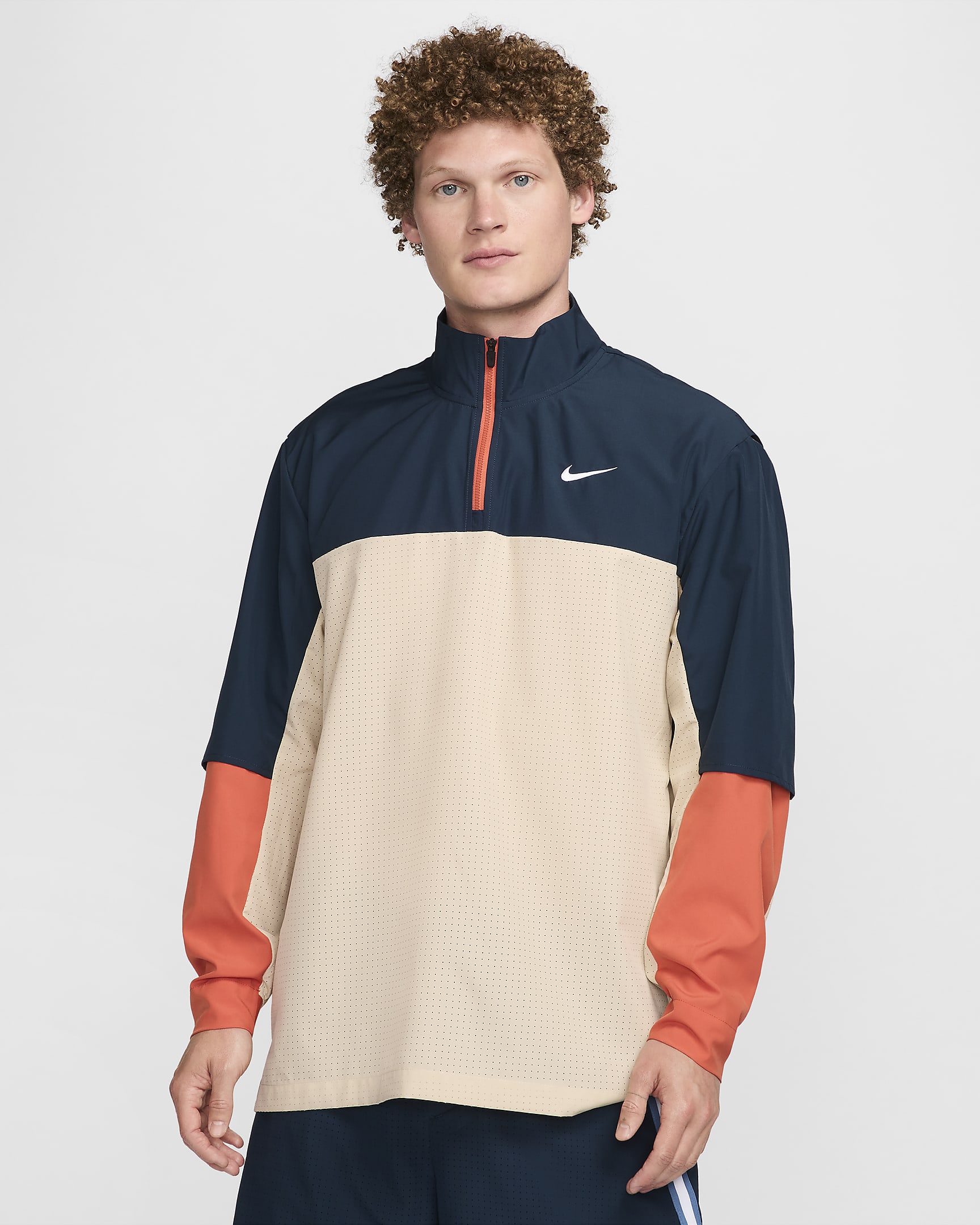 Nike Golf Club Men's Dri-FIT 1/2-Zip Golf Jacket - Sand Drift/Armoury Navy/Vintage Coral/White