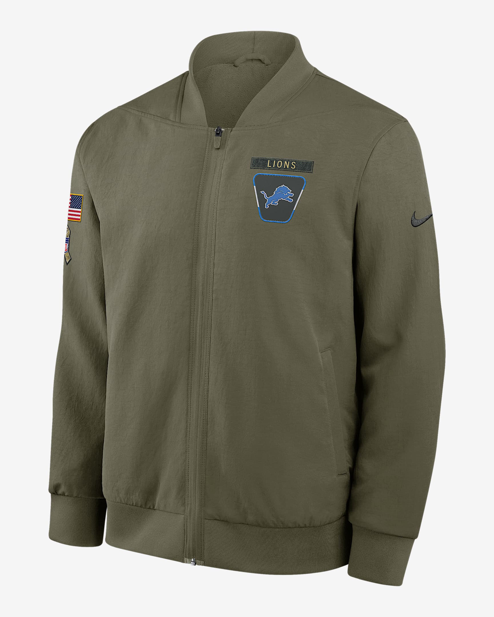 Detroit Lions Salute to Service Sideline Men's Nike NFL Full-Zip Bomber Jacket - Olive