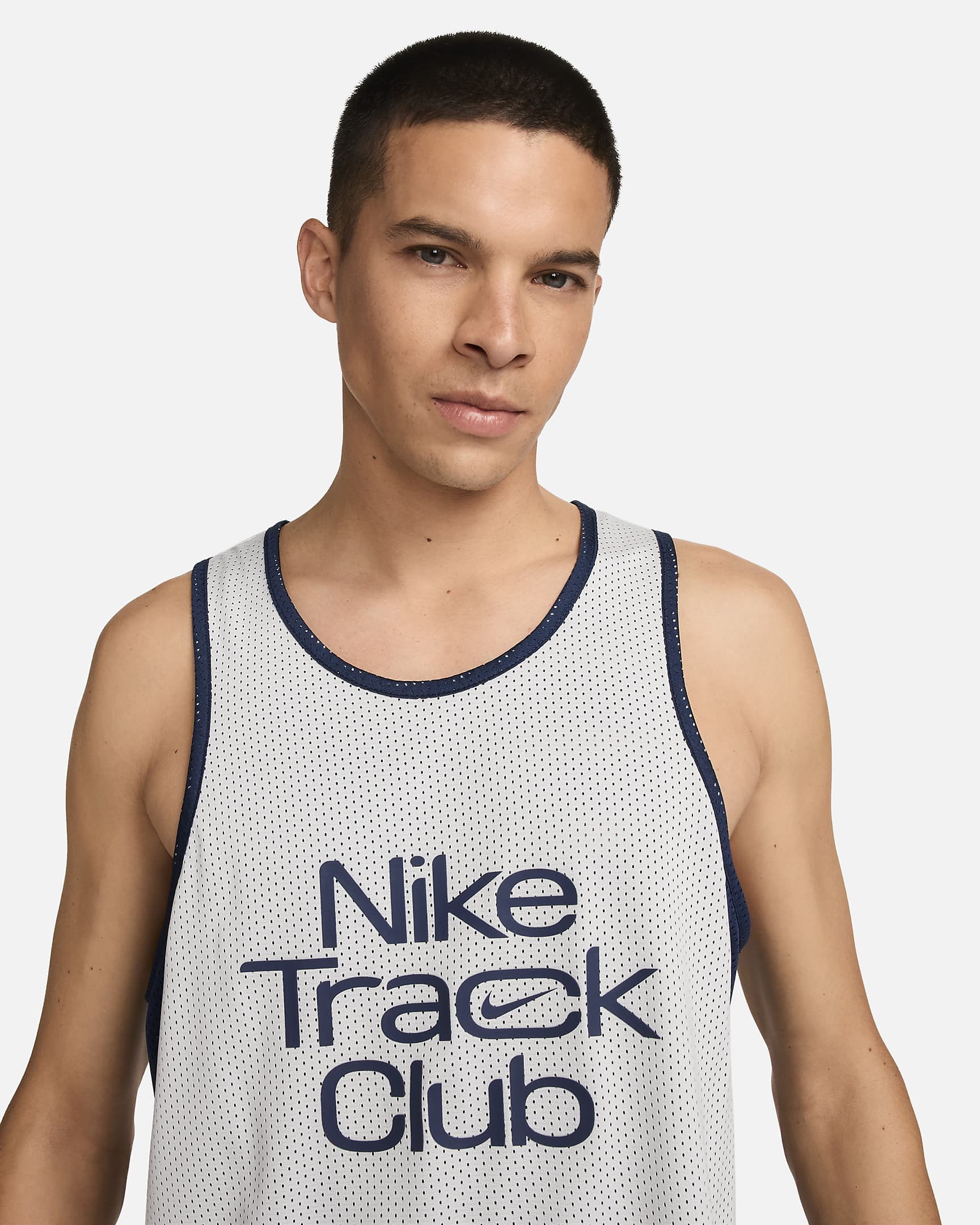 Camiseta sin mangas de running Dri-FIT para hombre Nike Track Club - Blanco cumbre/Azul marino medianoche/Azul marino medianoche