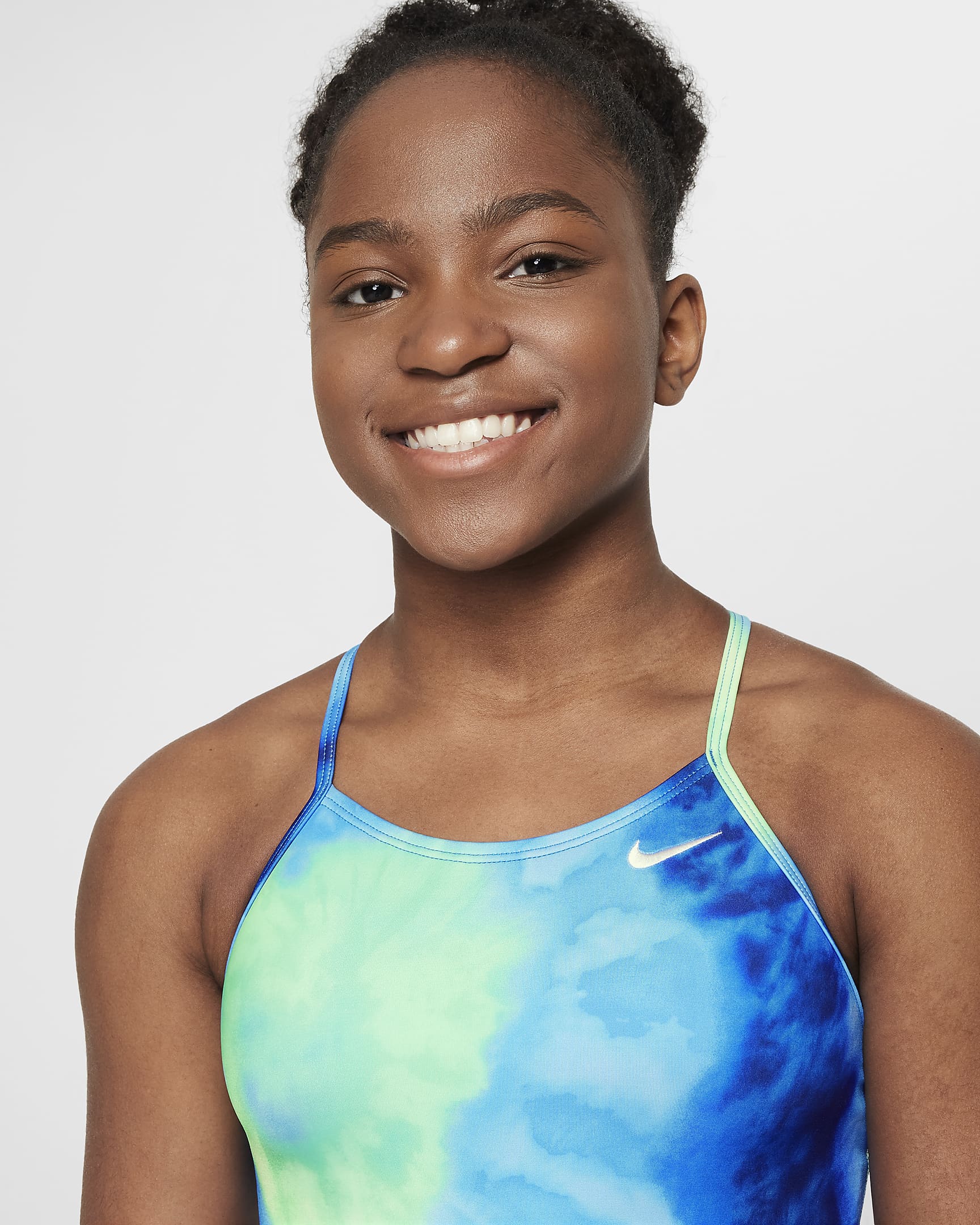 Nike Swim Tie-Dye Older Kids' (Girls') Cross-Back One-Piece Swimsuit - Midnight Navy/Photo Blue/Vapour Green/White