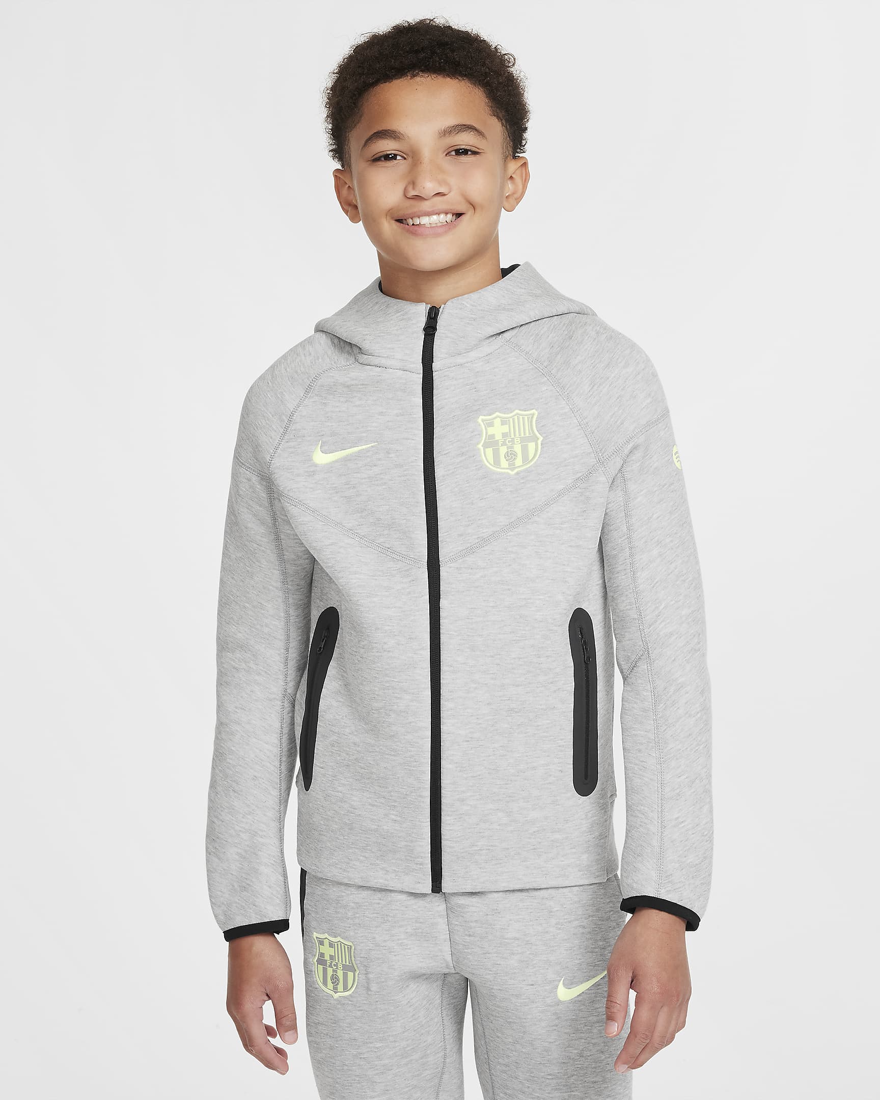 Piłkarska bluza z kapturem i zamkiem na całej długości dla dużych dzieci (chłopców) FC Barcelona Tech Fleece - Dark Grey Heather/Czerń/Barely Volt