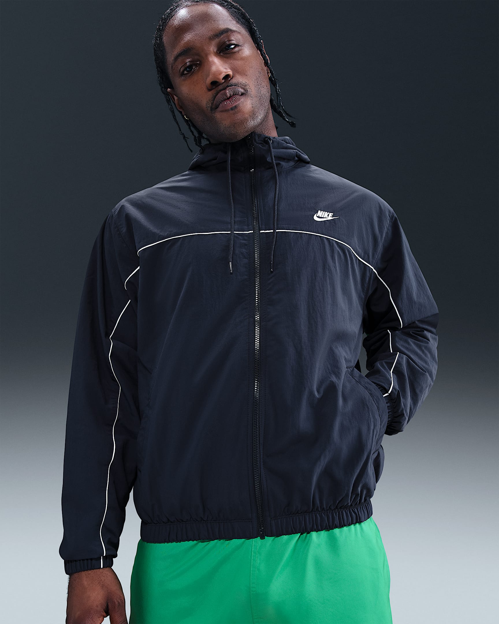 Nike Club Men's Hooded Jacket - Obsidian/Stadium Green/White/White