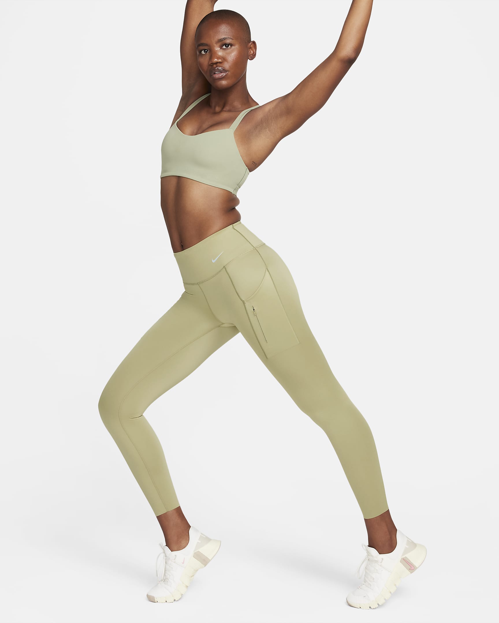 Nike Go 7/8-legging met halfhoge taille, complete ondersteuning en zakken voor dames - Neutral Olive/Zwart