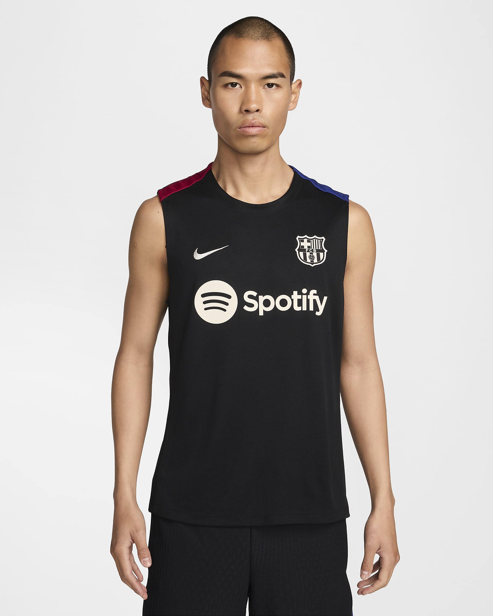 FC Barcelona Strike Men's Nike Dri-FIT Soccer Sleeveless Top - Black/Noble Red/Deep Royal Blue/Light Orewood Brown