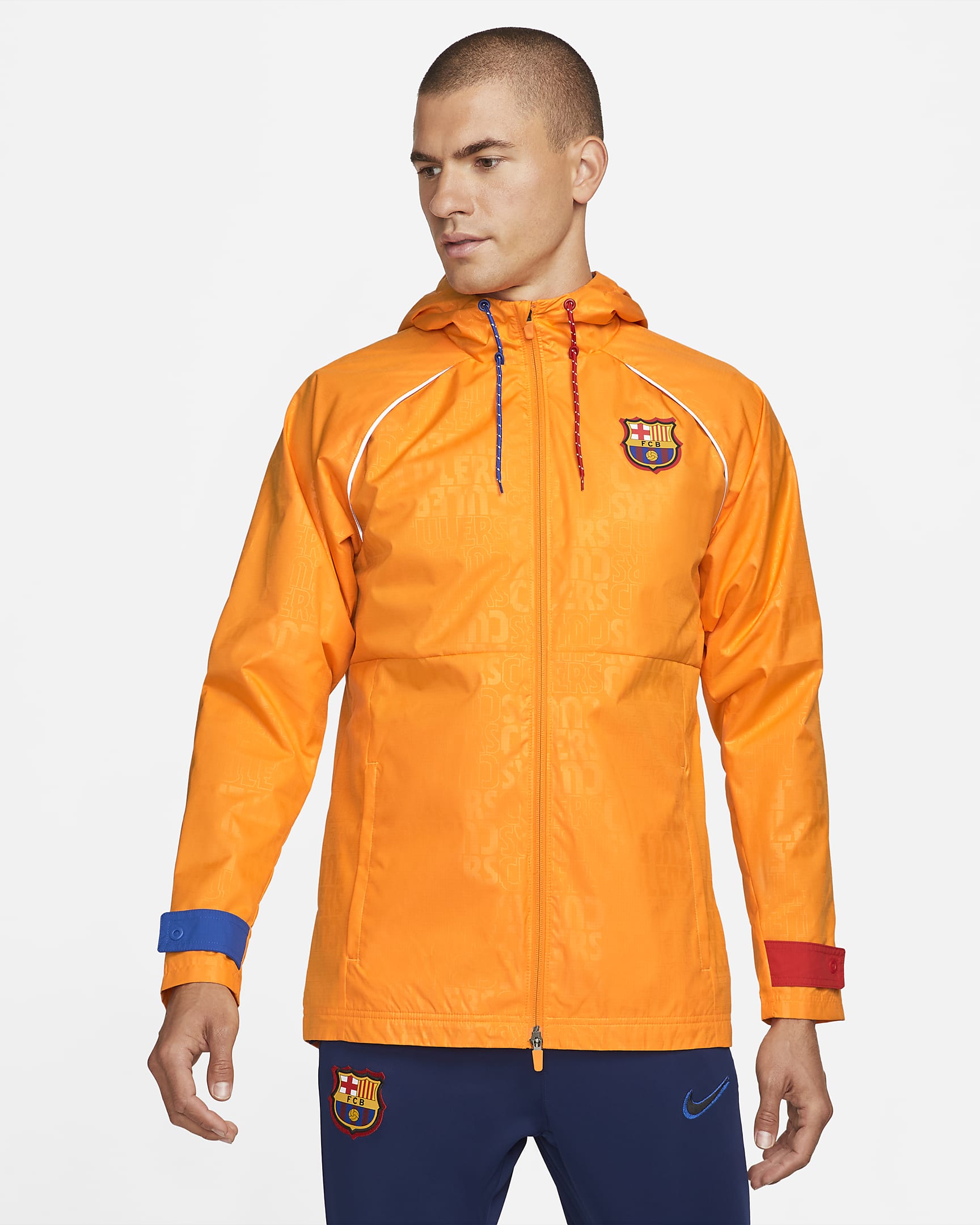 FC Barcelona AWF Men's Graphic Soccer Jacket - Vivid Orange/Game Royal/University Red/Black