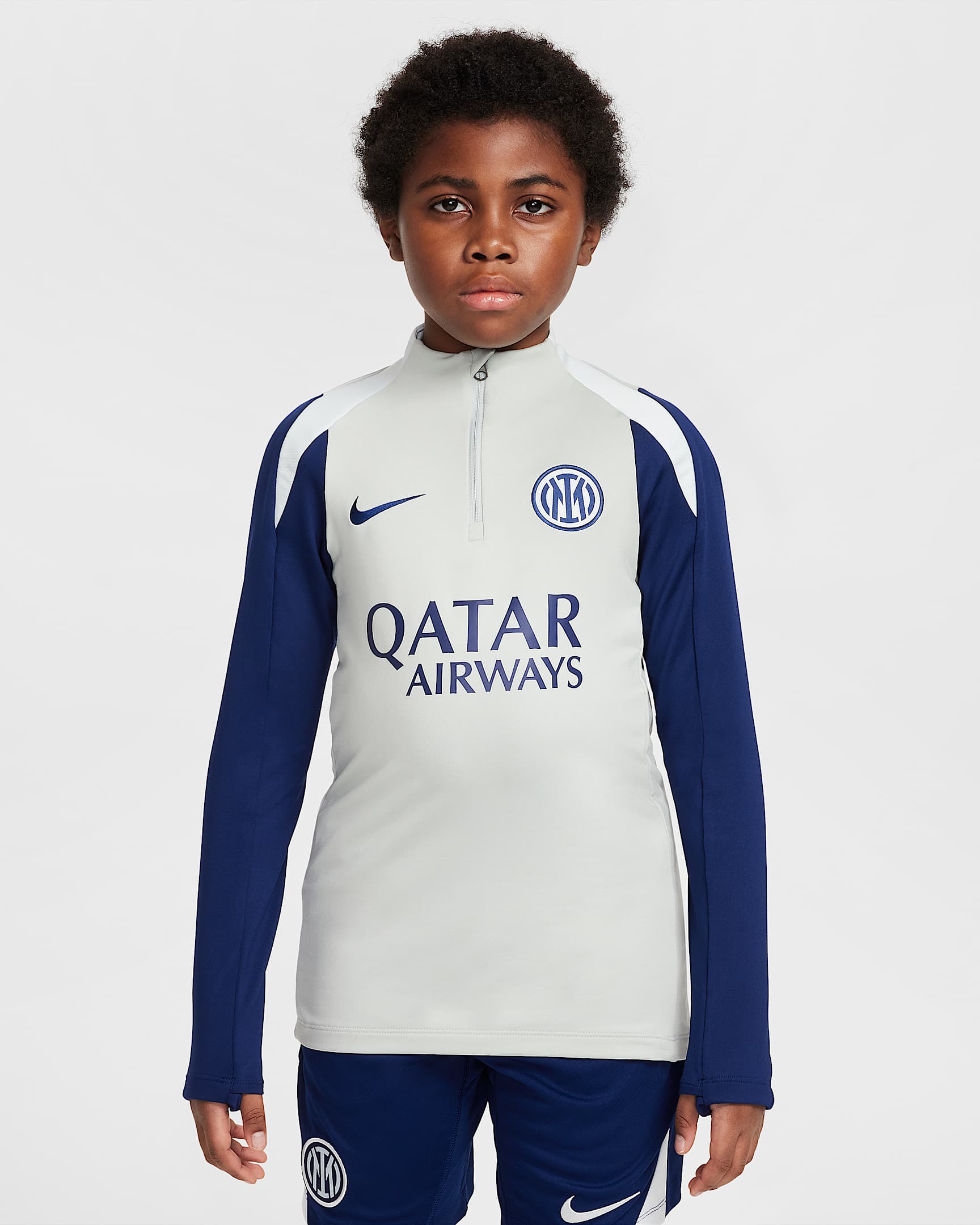Inter Mailand Strike Nike Dri-FIT Fußball-Drill-Oberteil für ältere Kinder - Grey Haze/Blue Void/Ghost Aqua/Blue Void