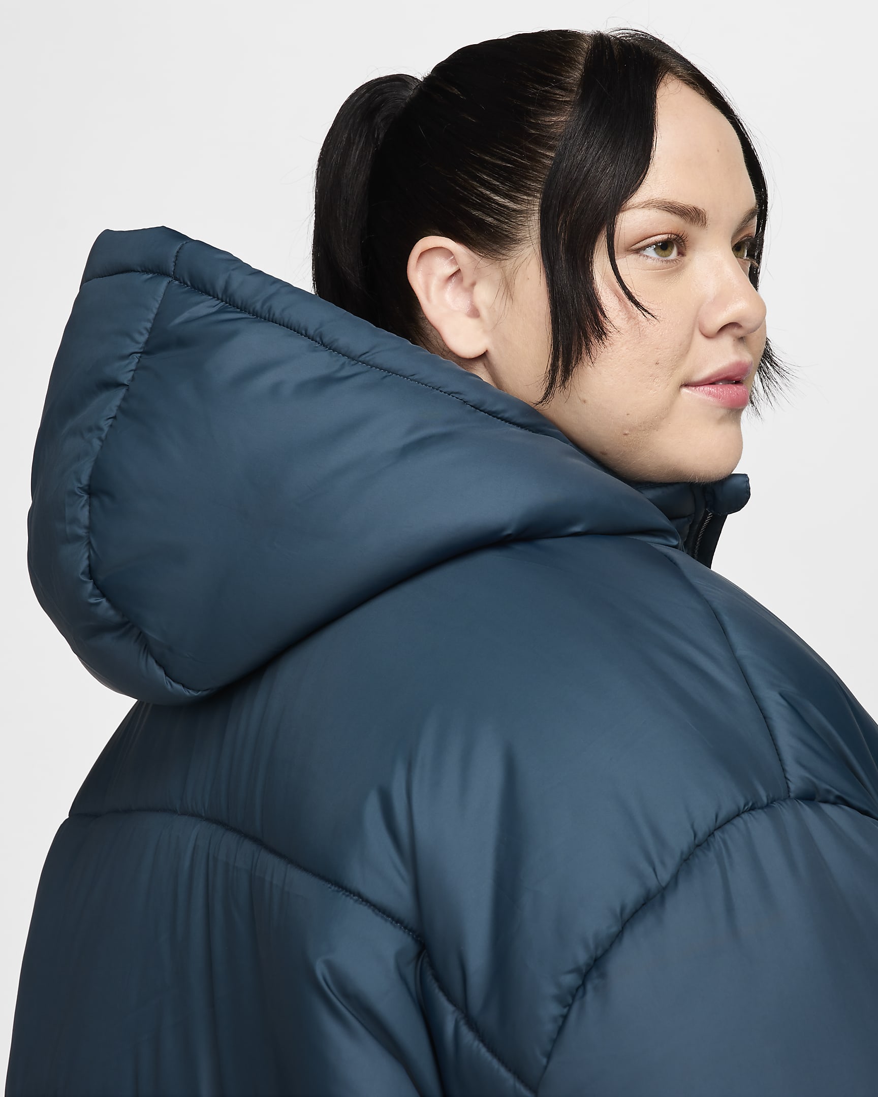 Nike Sportswear Classic Puffer Women's Therma-FIT Loose Hooded Jacket (Plus Size) - Armory Navy/White