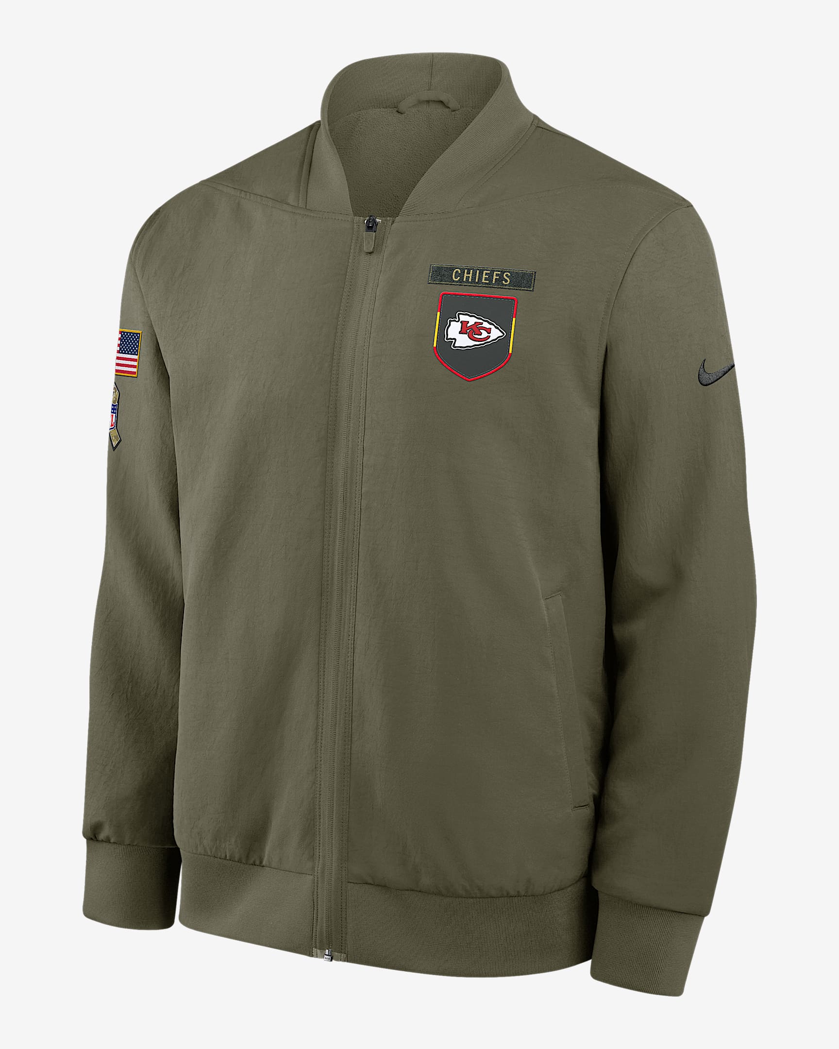 Kansas City Chiefs Salute to Service Sideline Men's Nike NFL Full-Zip Bomber Jacket - Olive