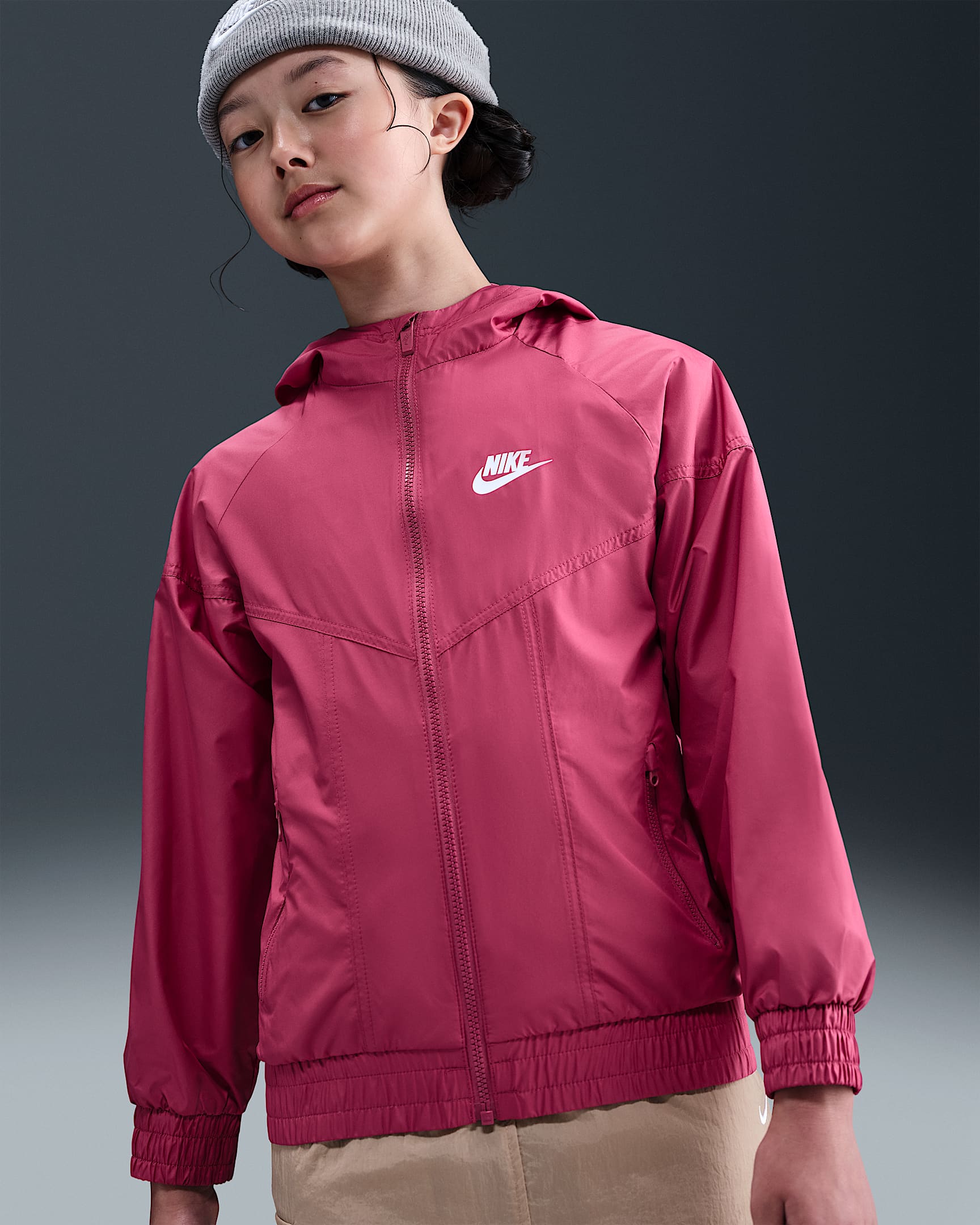 Nike Sportswear Windrunner Big Kids' Hooded Repel Jacket - Sweet Beet/Sweet Beet/Sweet Beet/White