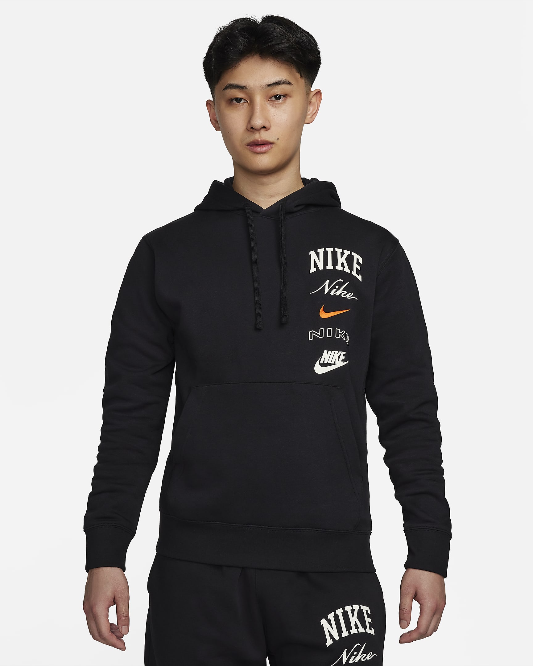 Nike Club Fleece Men's Pullover Hoodie - Black/Safety Orange