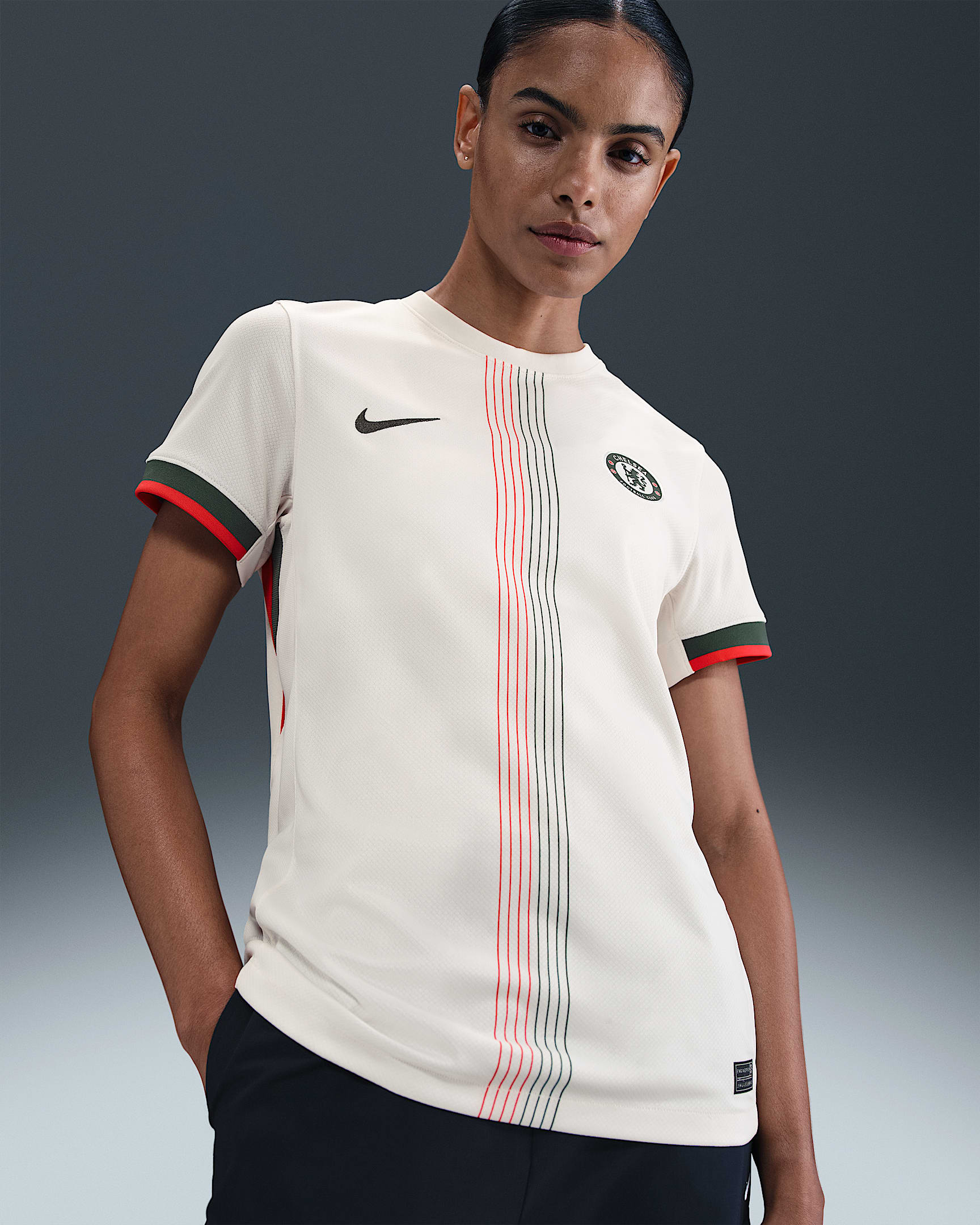 Segunda equipación Stadium Chelsea FC 2025/26 Camiseta de fútbol Replica Nike Dri-FIT - Mujer - Phantom/Speed Red/Galactic Jade/Galactic Jade