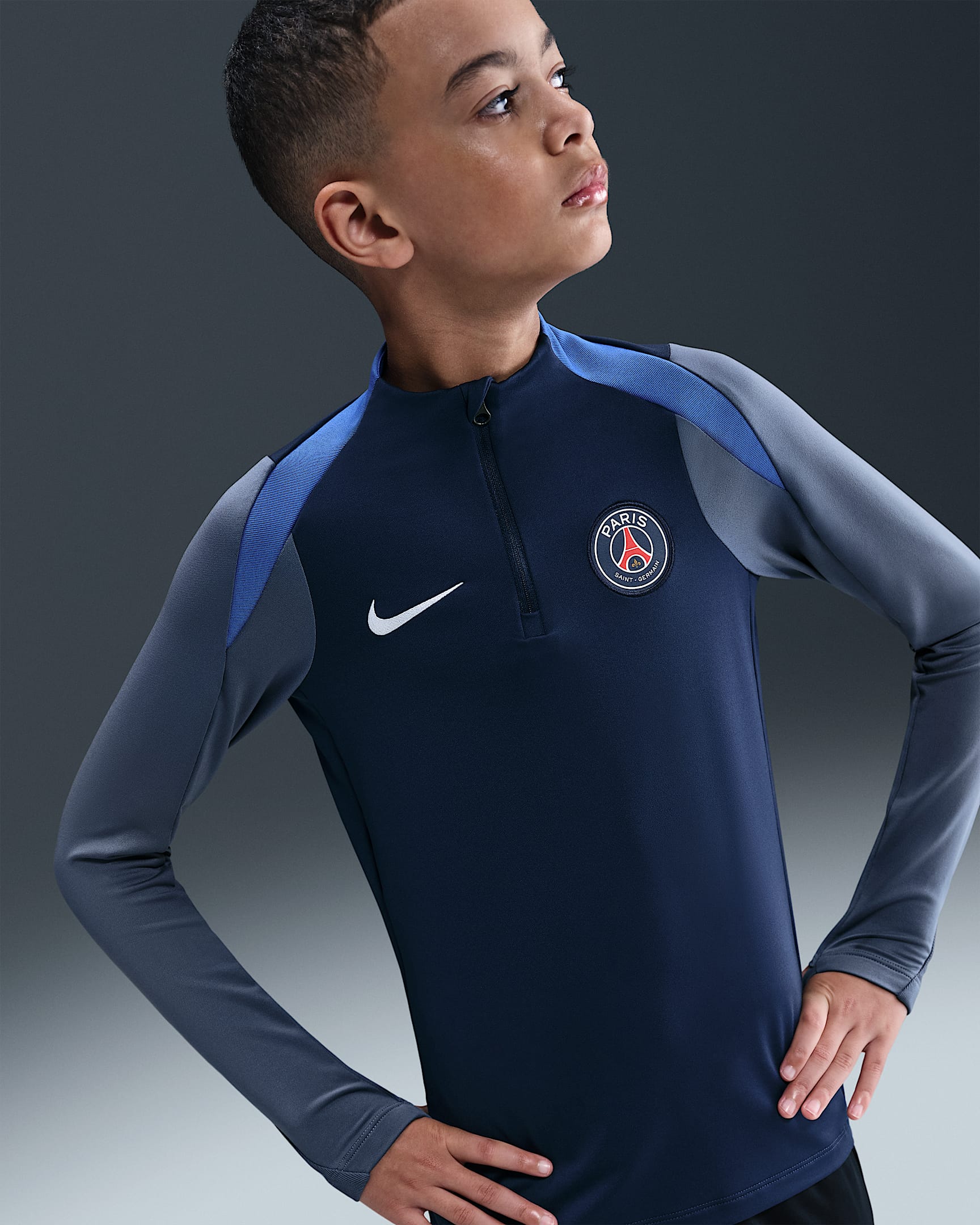 Paris Saint-Germain Strike Nike Dri-FIT Fußball-Drill-Oberteil für ältere Kinder - Midnight Navy/Diffused Blue/Hyper Royal/Weiß