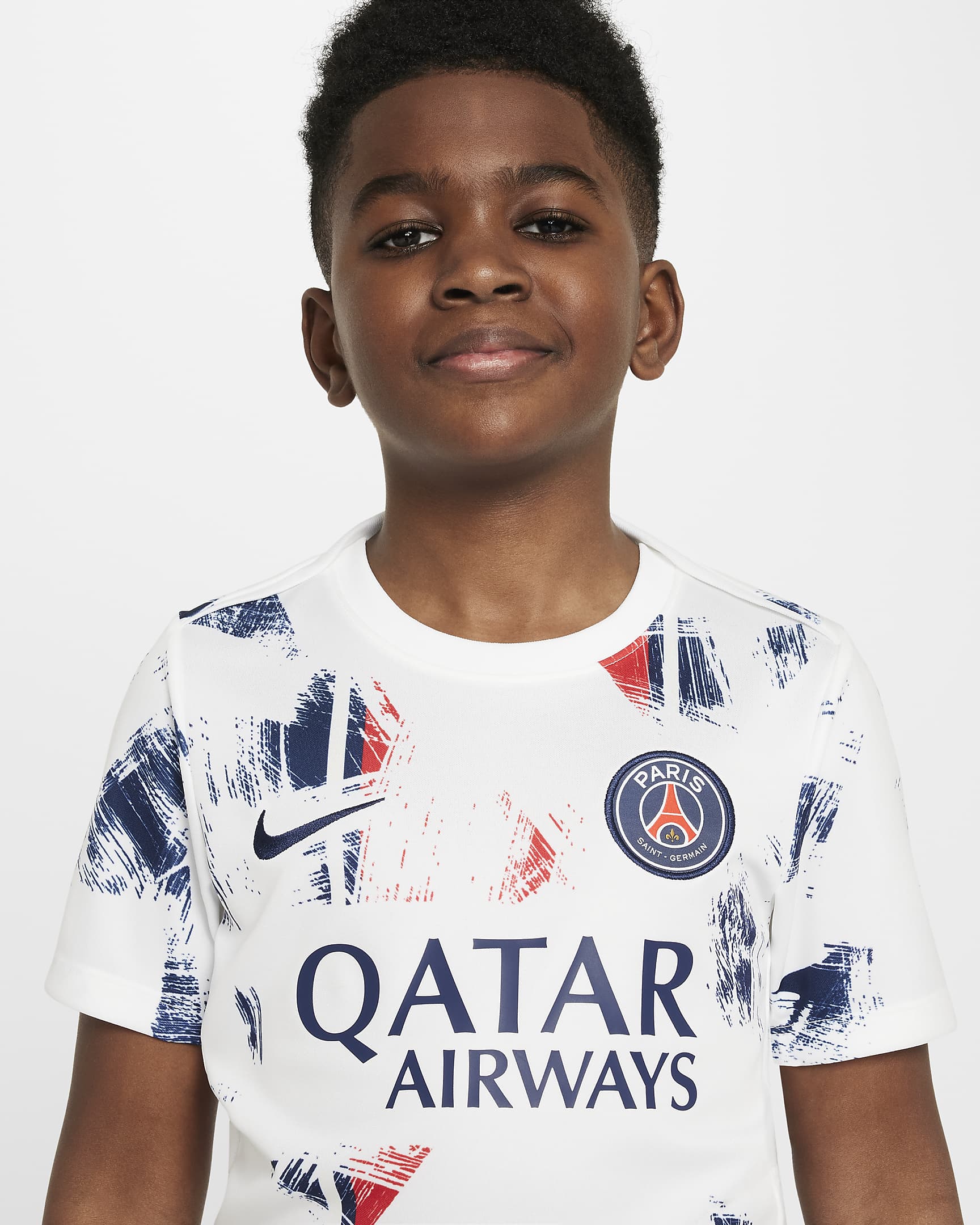 Paris Saint-Germain Academy Pro Away Big Kids' Nike Dri-FIT Soccer Pre-Match Short-Sleeve Top - White/Midnight Navy/Midnight Navy