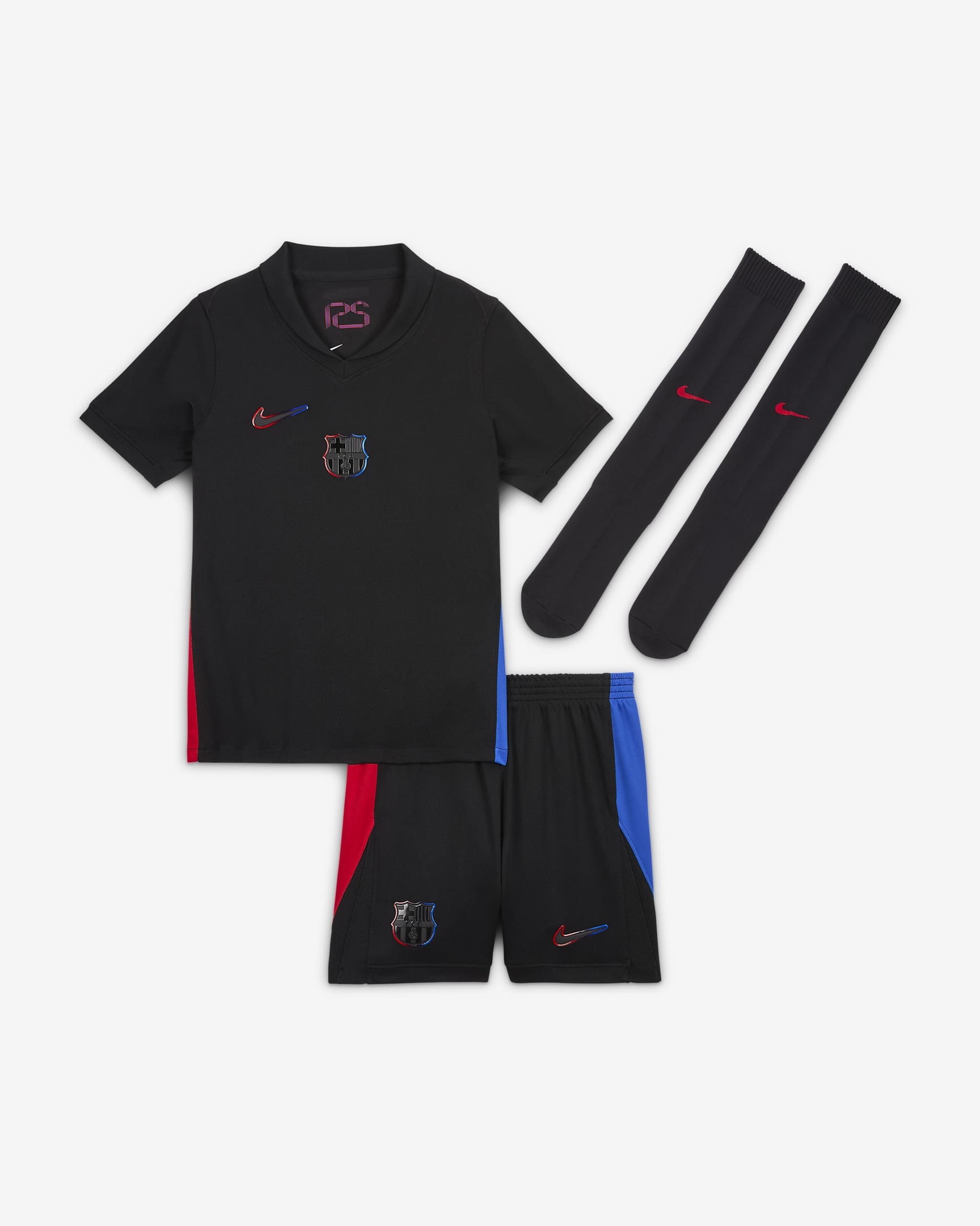 Replika fotbalové 3dílné soupravy Nike FC Barcelona Stadium 2024/25 pro malé děti, venkovní - Černá/Hyper Royal/University Red/Černá