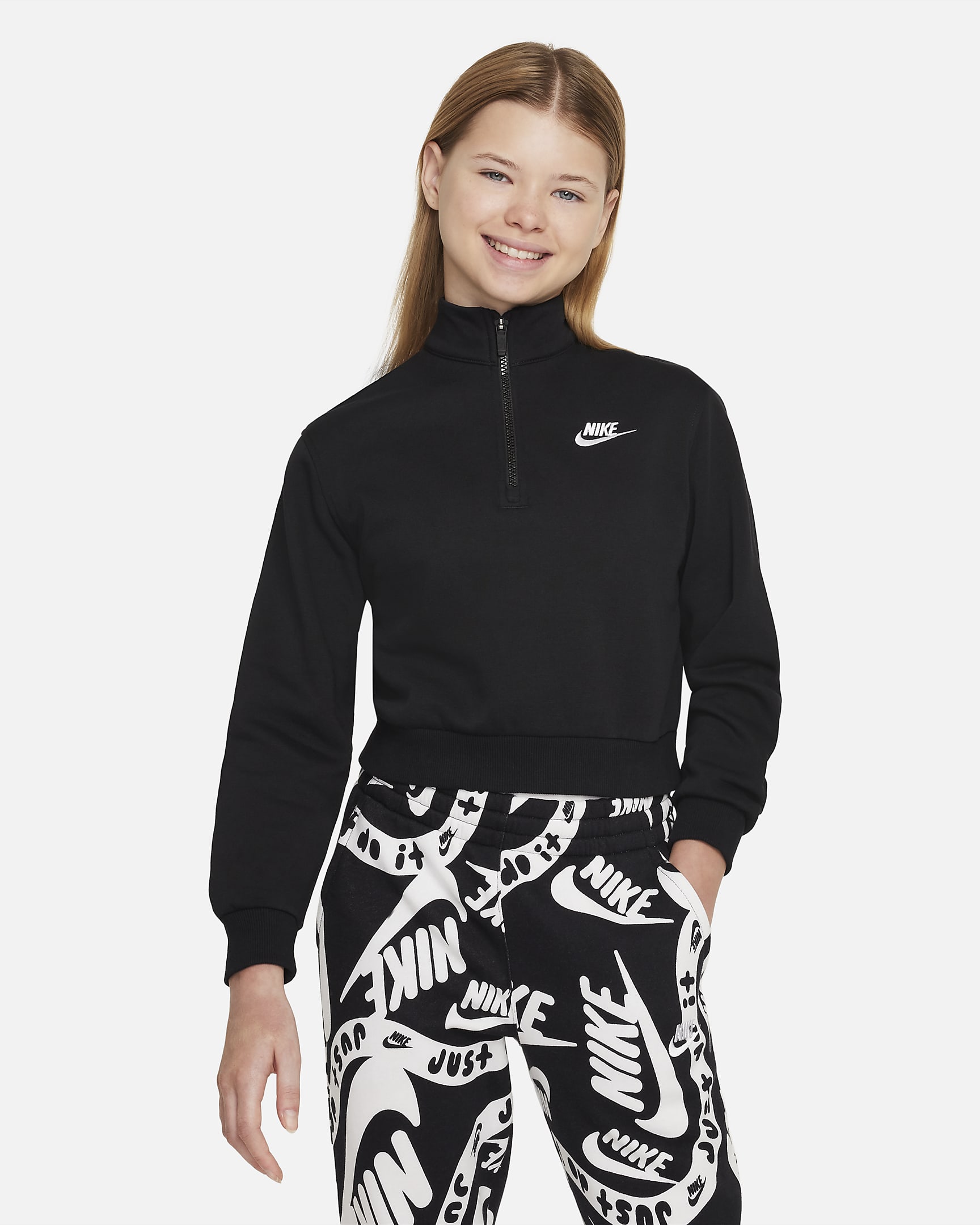 Sudadera de medio cierre para niña talla grande Nike Sportswear Club Fleece - Negro/Blanco
