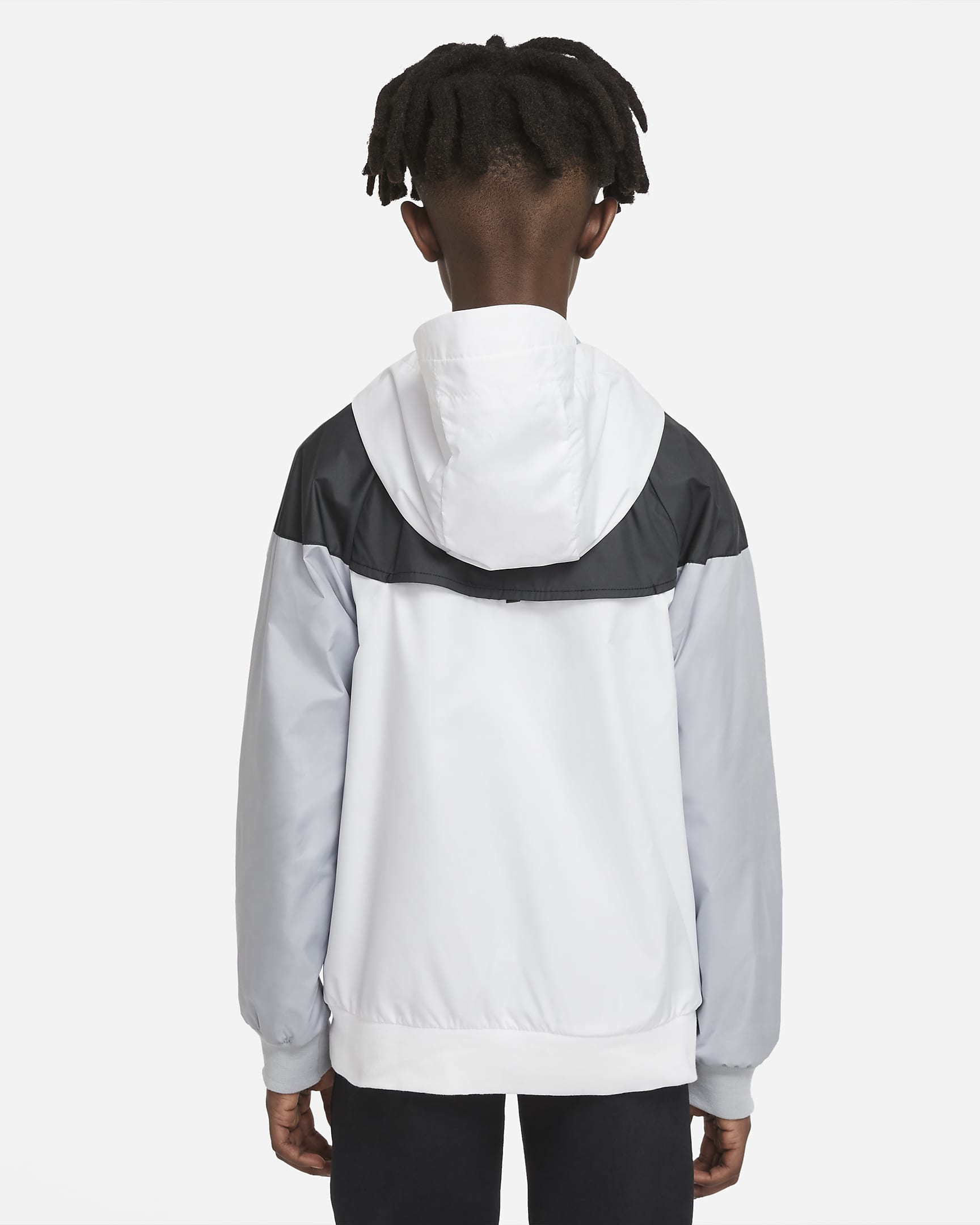 Løstsiddende, hoftelang Nike Sportswear Windrunner-jakke med hætte til større børn (drenge) - hvid/sort/Wolf Grey/hvid