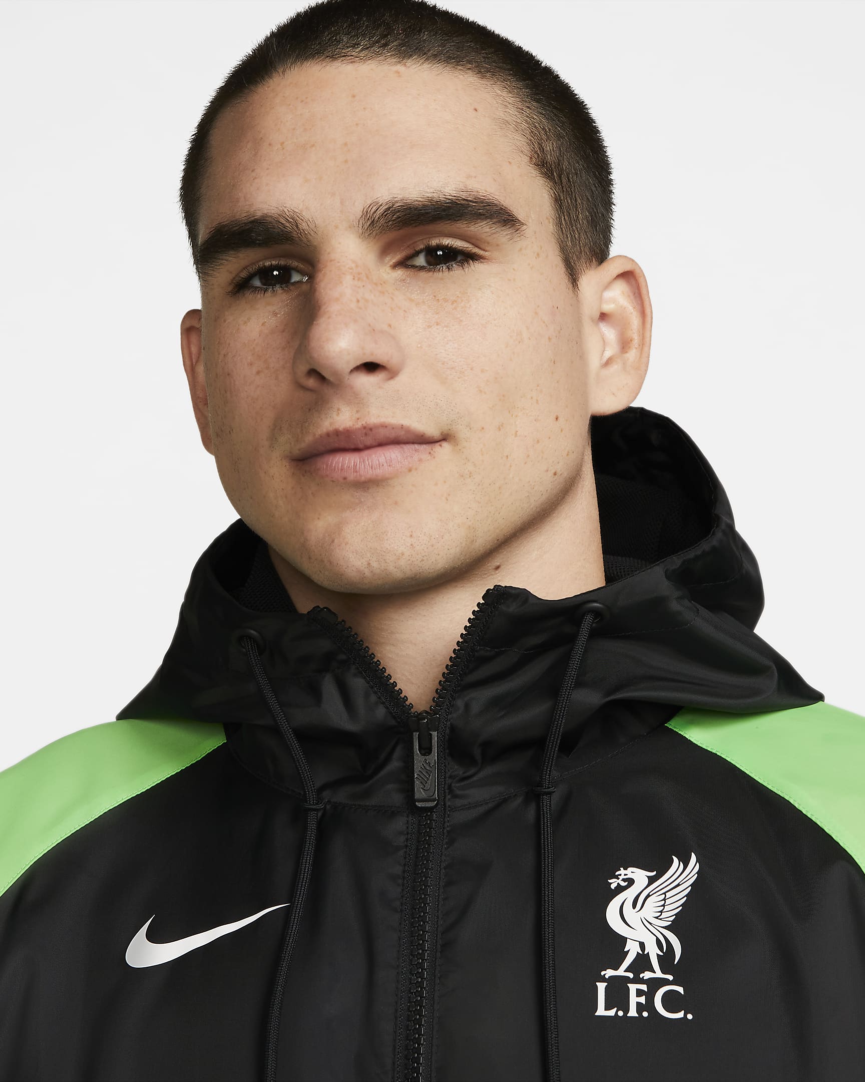 Liverpool FC Sport Essentials Windrunner Men's Nike Hooded Soccer Jacket - Black/Poison Green/White