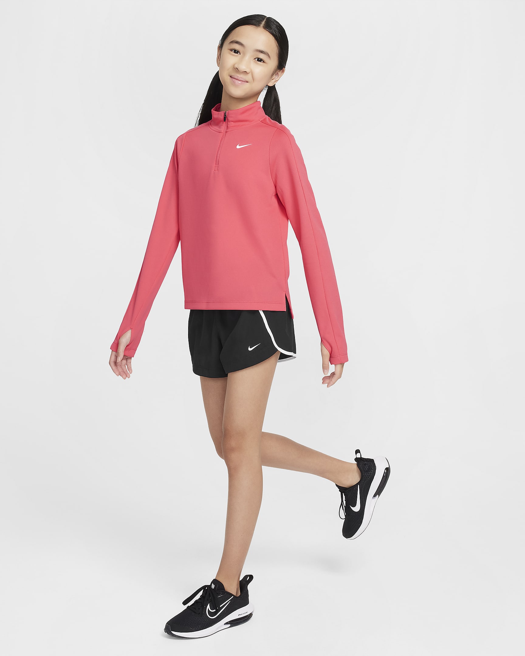 Nike Dri-FIT langermet overdel med halv glidelås til store barn (jente) - Aster Pink/Hvit