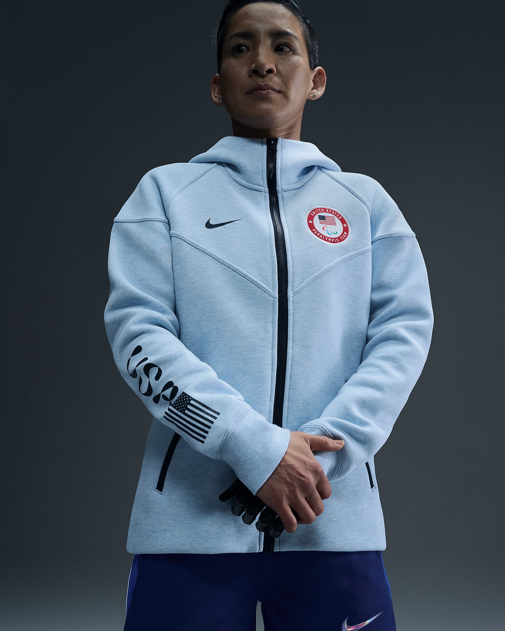 Huvtröja Team USA Tech Fleece Windrunner Nike med hel dragkedja för kvinnor - Celestine Blue/Heather/Obsidian/Old Royal