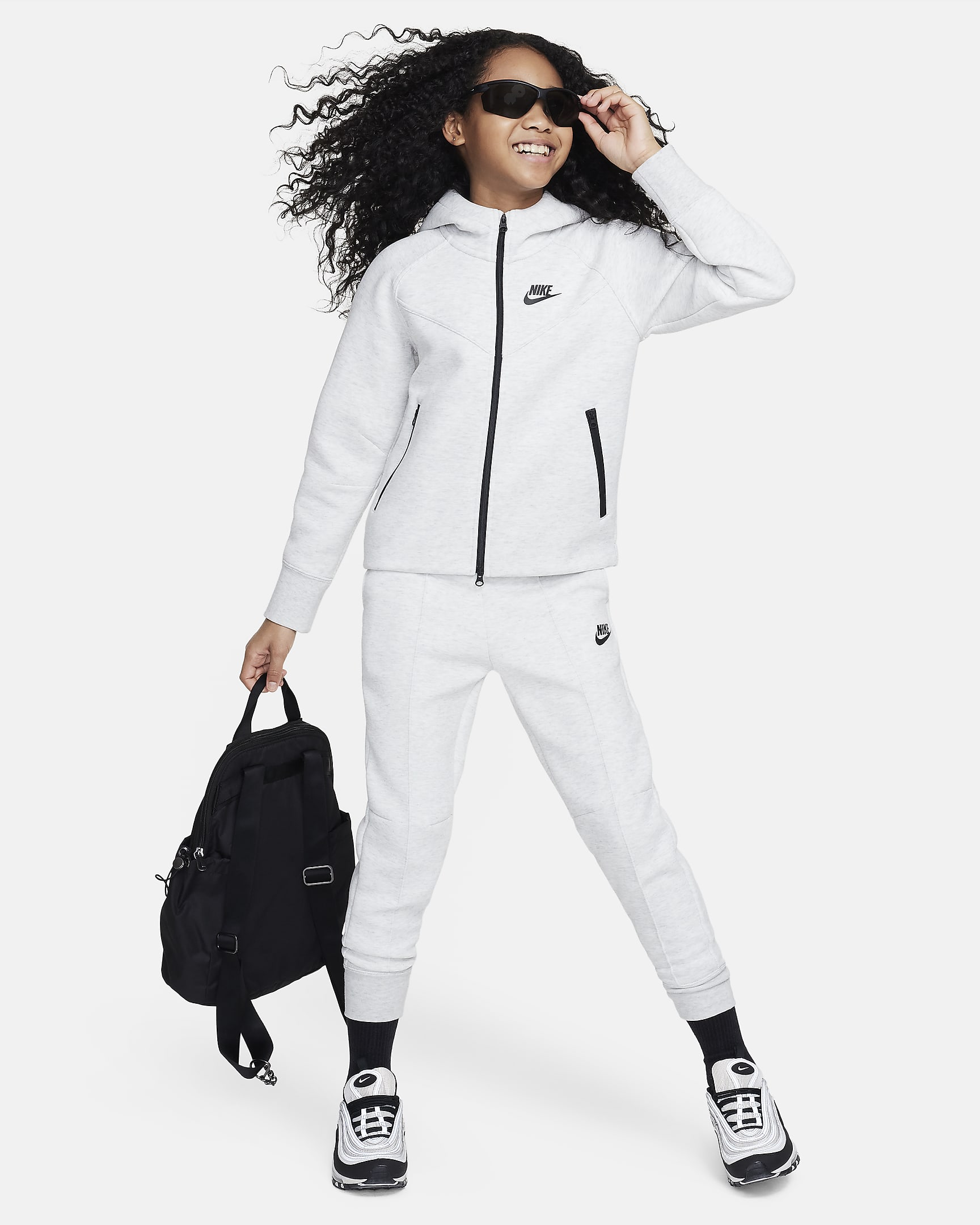 Rozpinana bluza z kapturem dla dużych dzieci (dziewcząt) Nike Sportswear Tech Fleece - Light Grey/Heather/Czerń/Czerń