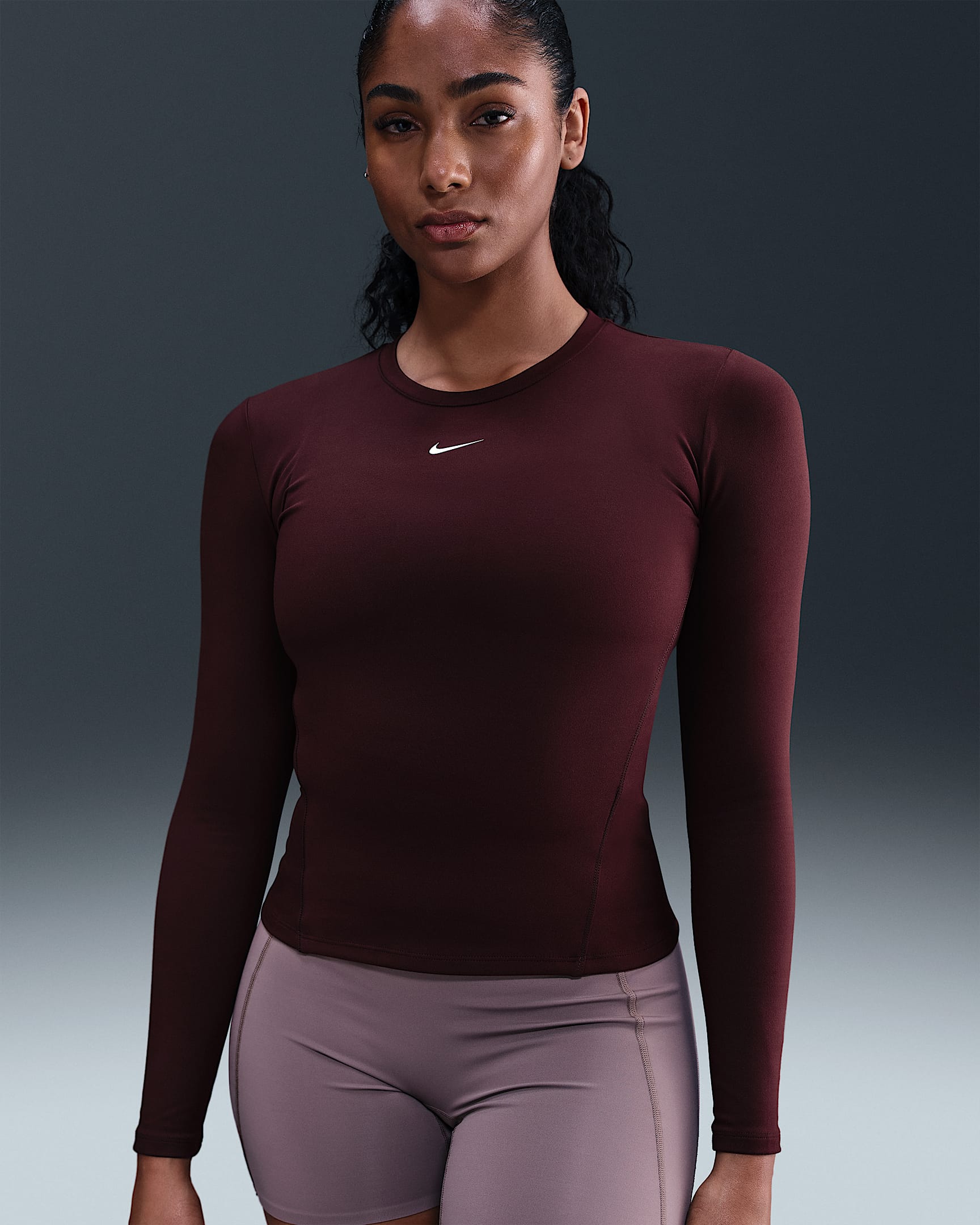 Dámské tričko Nike One Fitted Dri-FIT s dlouhým rukávem - Burgundy Crush/Bílá