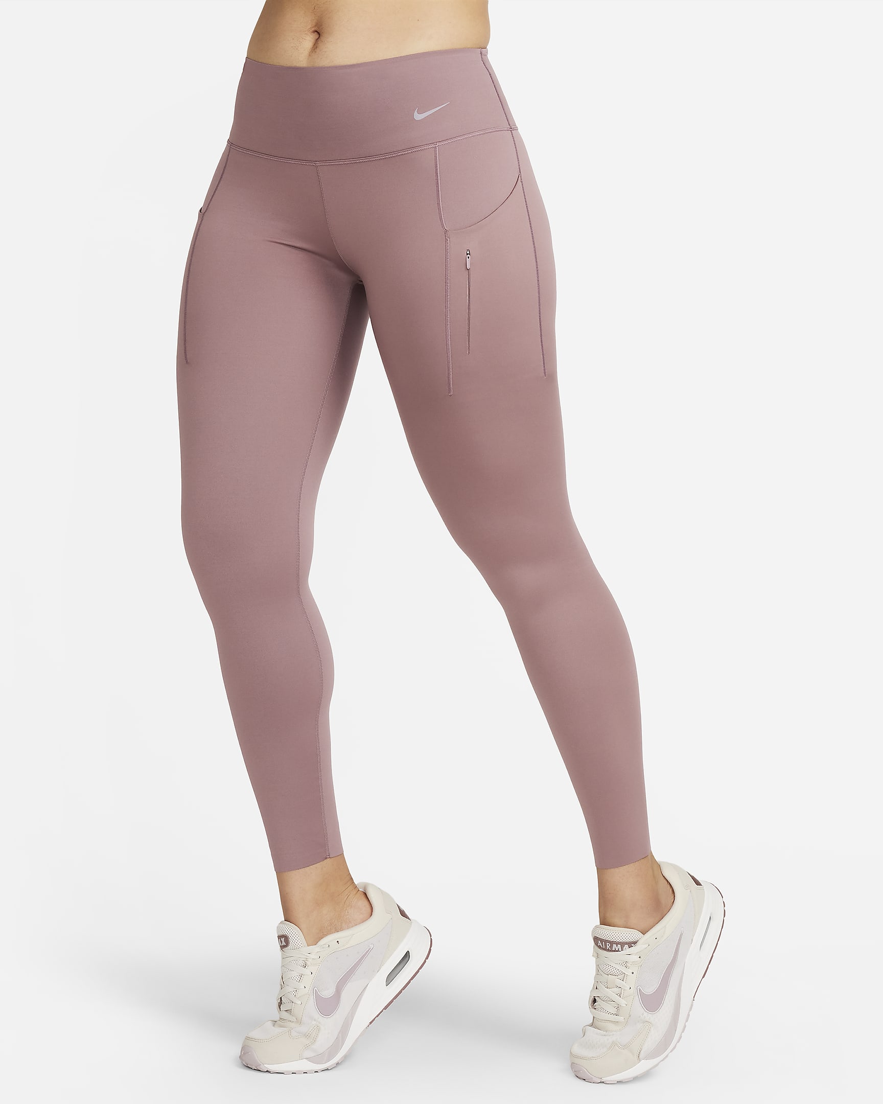 Nike Go leggings i full lengde med fast støtte, mellomhøyt liv og lommer til dame - Smokey Mauve/Svart