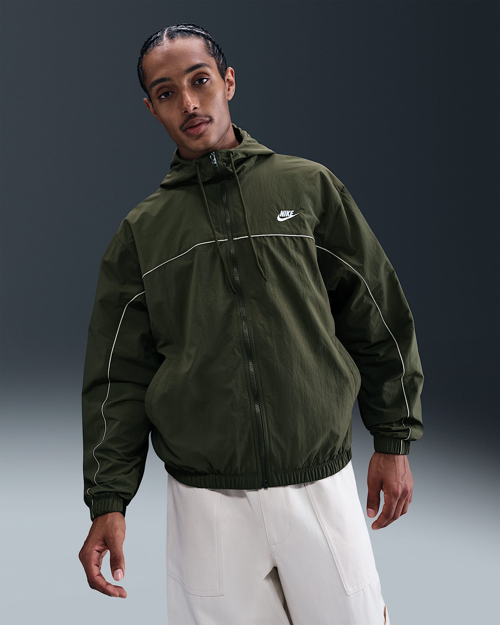 Nike Club Men's Hooded Jacket - Medium Olive/Sequoia/Light Khaki/White