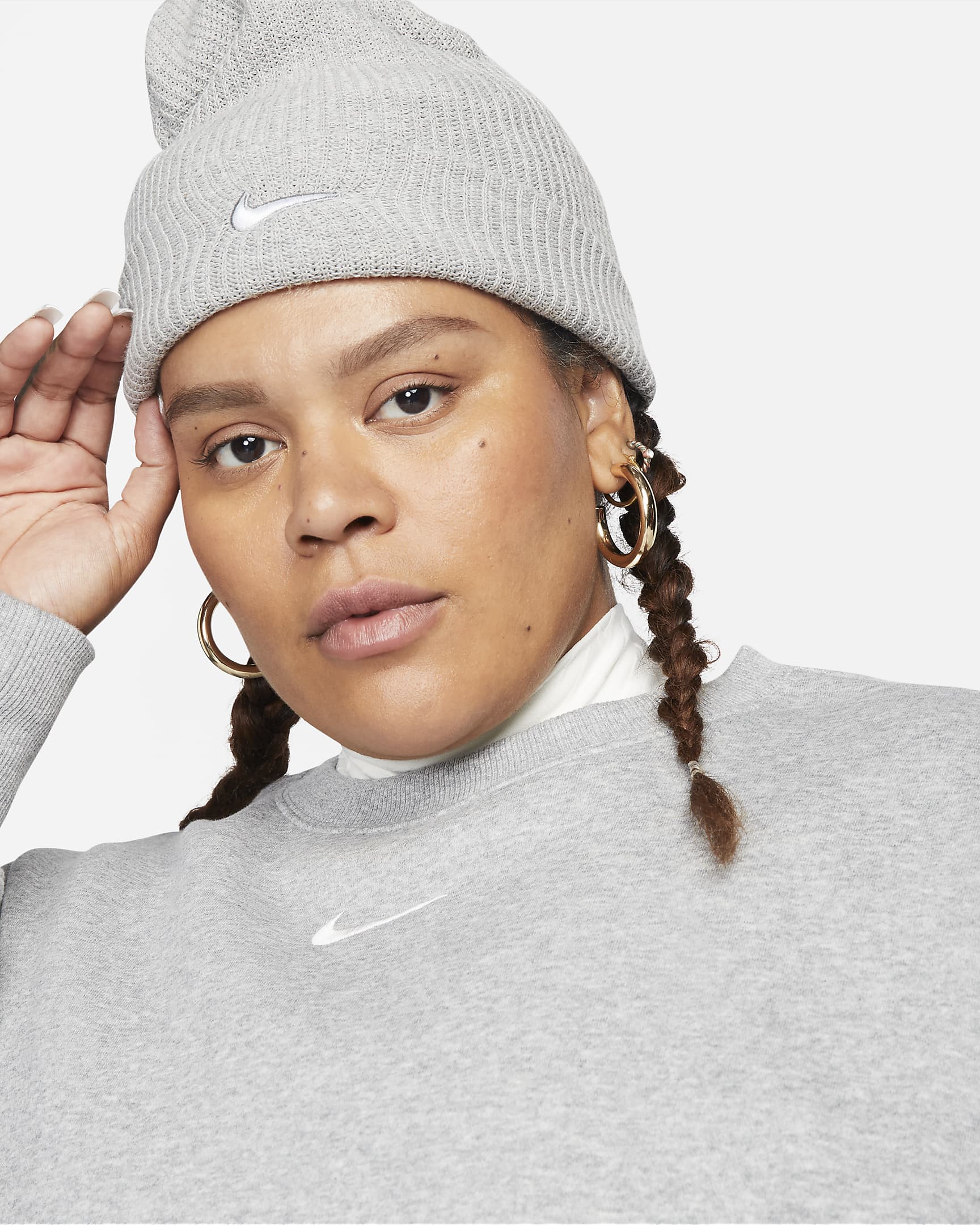 Nike Sportswear Phoenix Fleece ekstra stor sweatshirt med rund hals til dame (Plus Size) - Dark Grey Heather/Sail